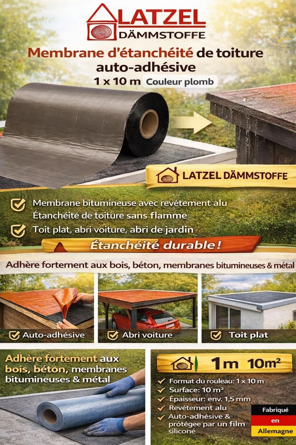 Membrane d'étanchéité en bitume élastomère avec revêtement aluminium coloré 10 m2. Format autocollant 1 x 10 m de peinture au plomb