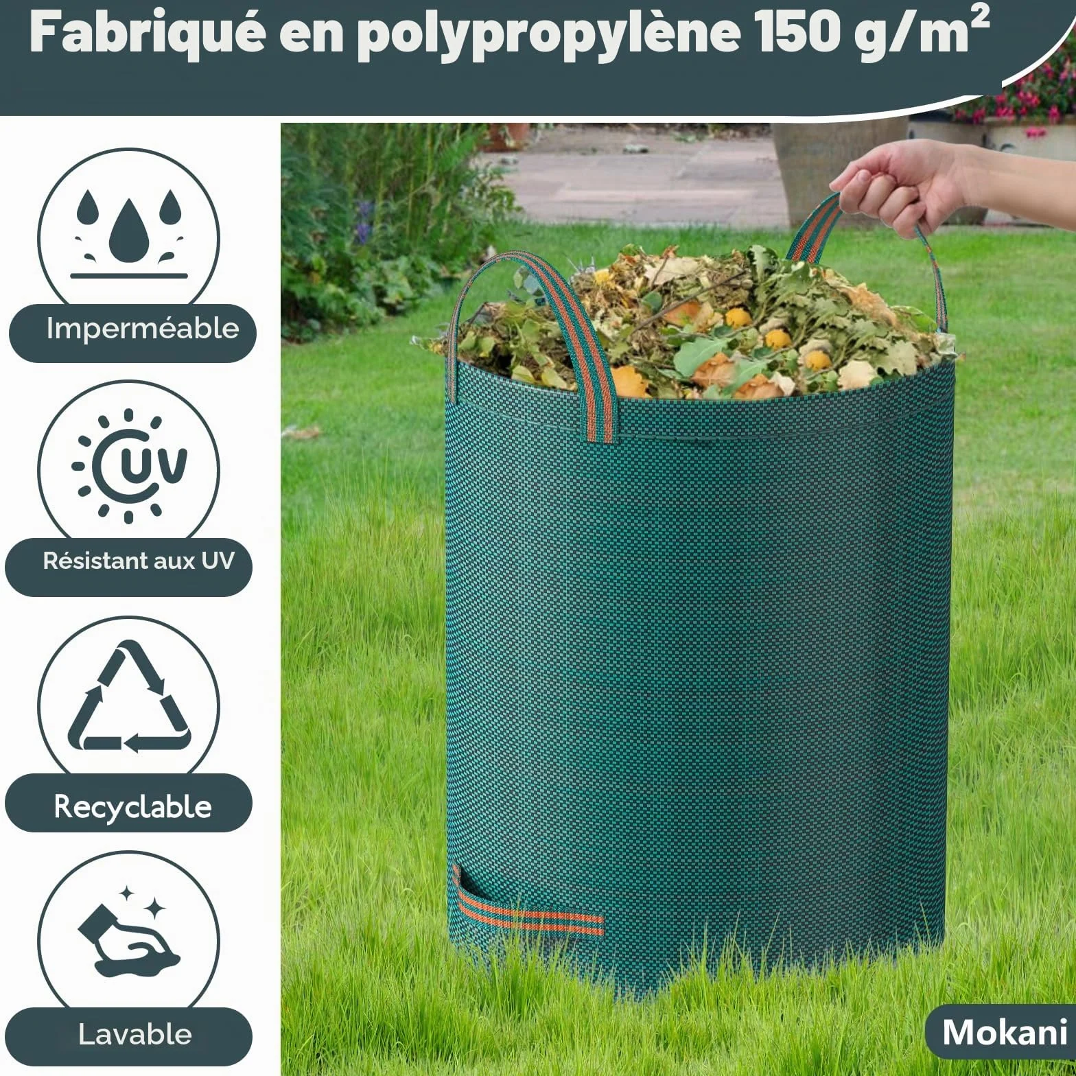 Mokani Lot de 3 sacs à déchets de jardin 300 L réutilisables pliables avec poignées