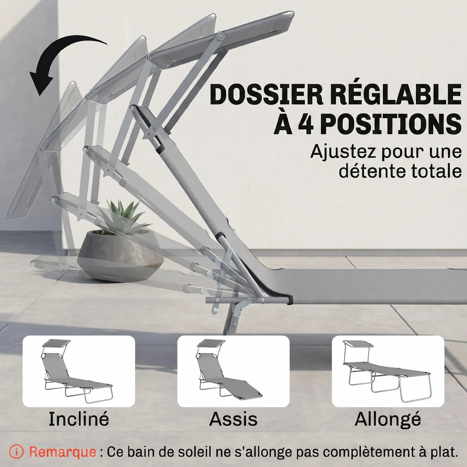 Outsunny Chaise Longue Pliante Transat Bain de Soleil 187x58x36 cm Gris Clair