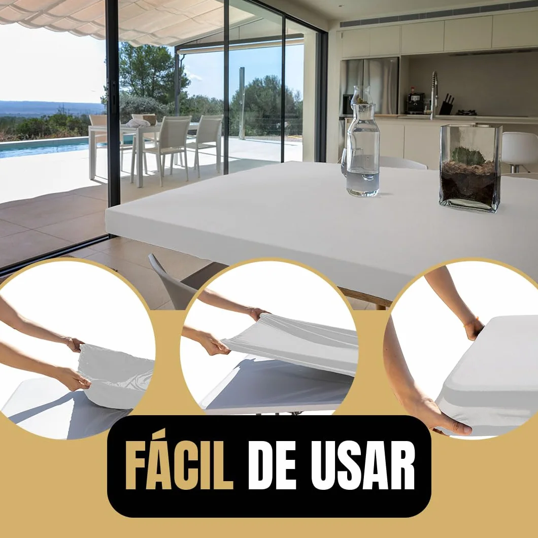 Lot de 2 Nappes Table Pliante 180 cm Blanches Housses Plateau Ajustées Tissu Spandex Déperlant Mariage Baptême