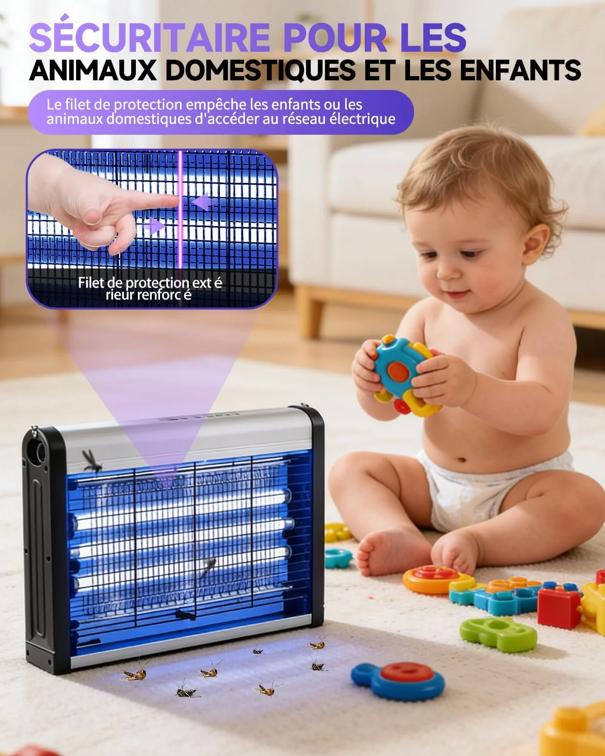 Lampe Anti Moustique Électrique 30W, Tueur d’Insectes UV 2500V, Double Grille Sécurisée, 3 Tubes LED, 20-120m²