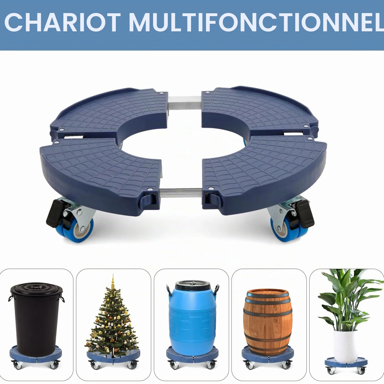 WEIBIDA Porte Plante à Roulettes Rotation 360° Capacité 200 KG Plateau Réglable Ø 40-54cm Bleu