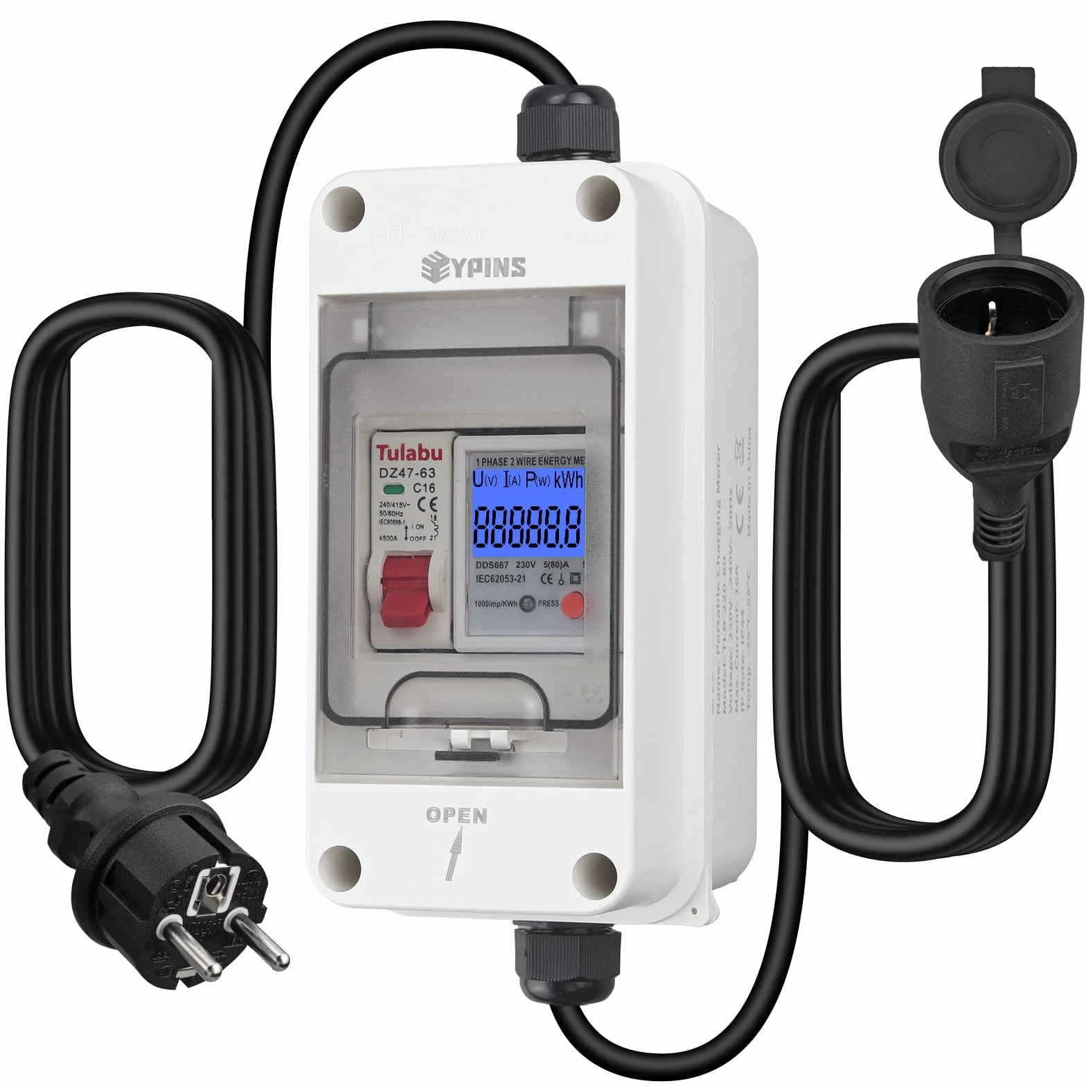 EYPINS Compteur d'Énergie Portable Étanche IP65 avec Interrupteur Wattmètre de Prise avec Mémoire,Surveillance Temps Réel 80A 3680W,Câbles 2x1.5m H07RN-F VDE pour Camping-Car,Maison,Extérieur
