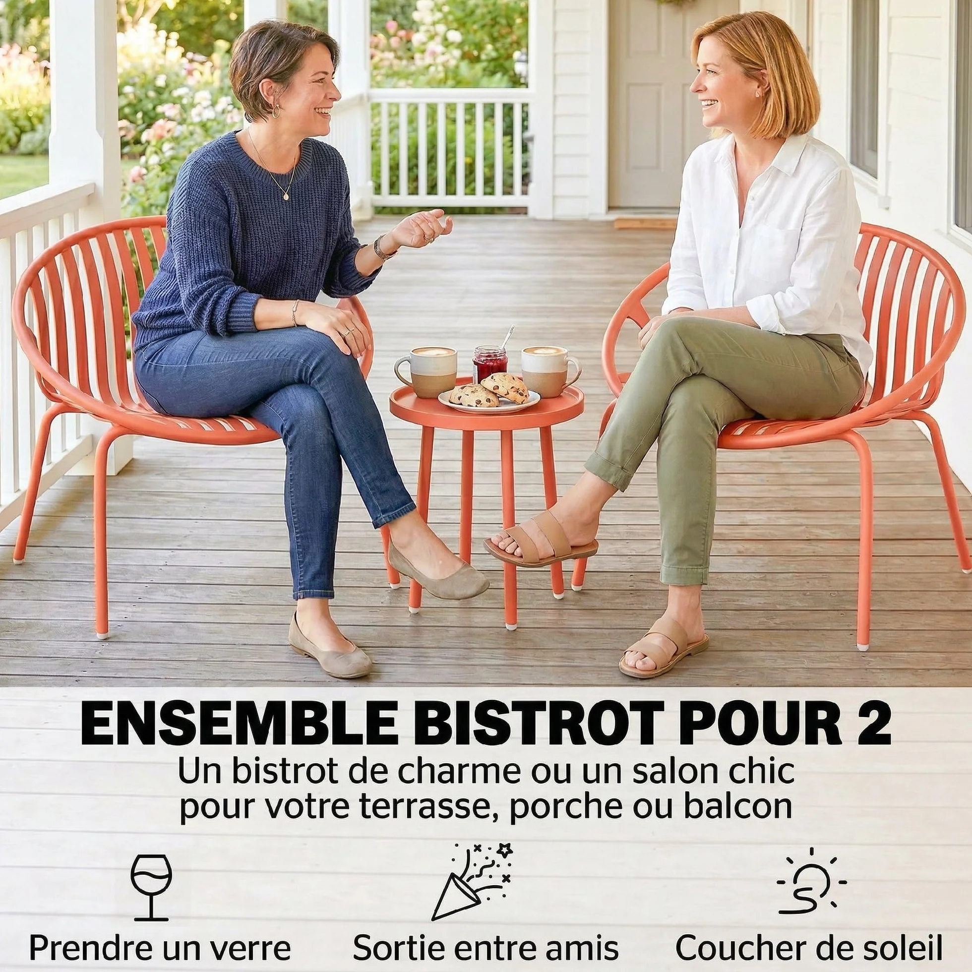 Outsunny Salon de Jardin 3 Pièces Acier Polypropylène Ensemble Bistro Table Basse Plateau Concave Mobilier Extérieur Design Terrasse Balcon Piscine Rouge Brique