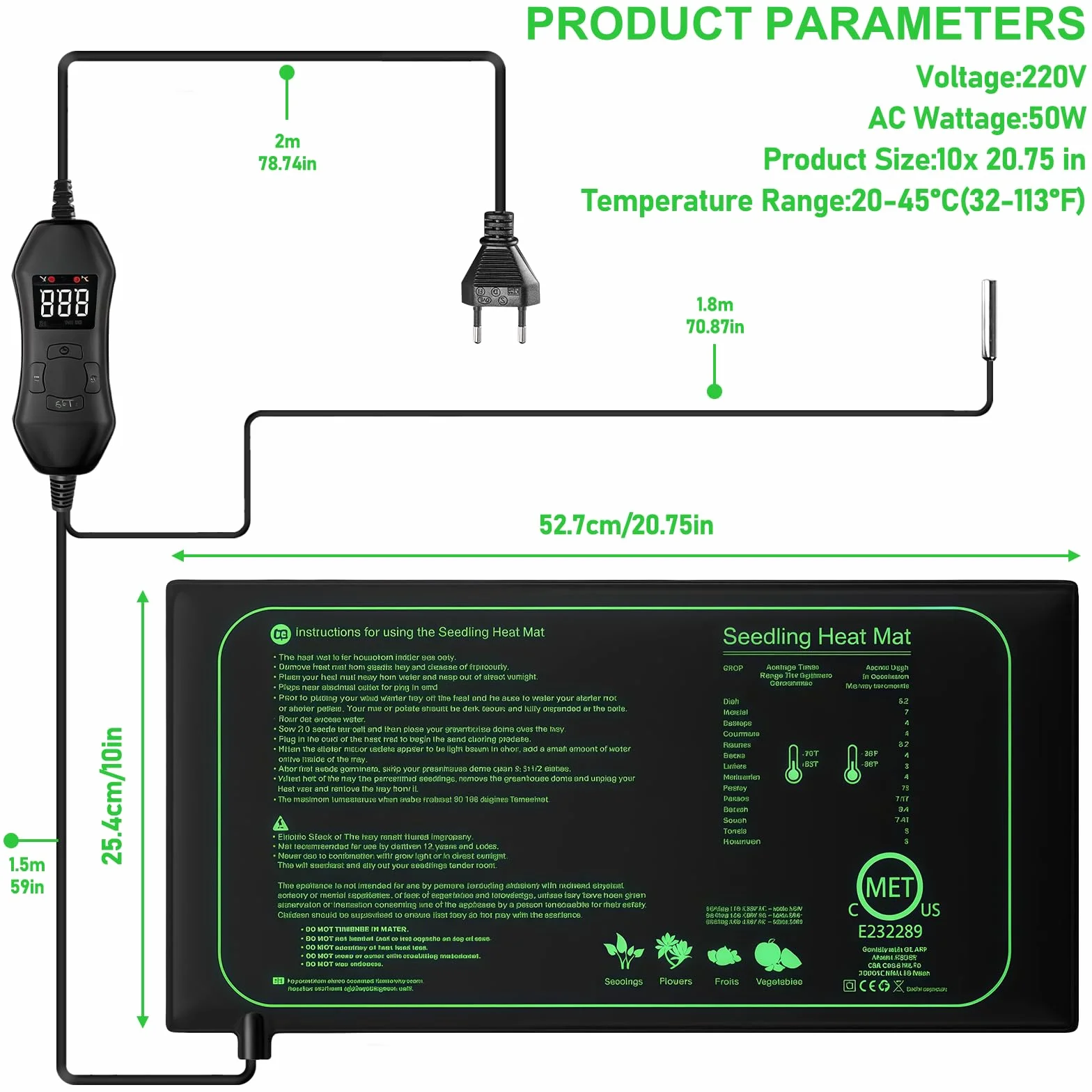 Tapis Chauffant pour Plantes 25,4 x 52,9 cm avec Thermostat Germination Semis Serre Reptiles