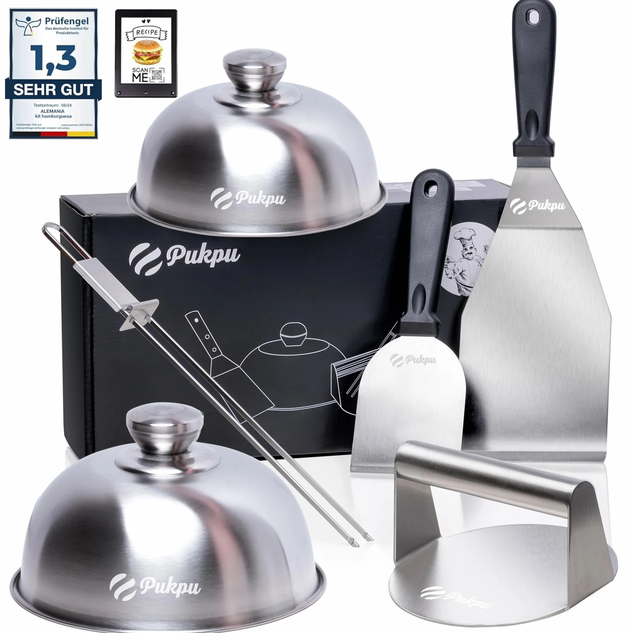 Kit Smash Burger 6 Pièces Noir – Presse Hamburger, Spatules INOX, Cloches Fromage