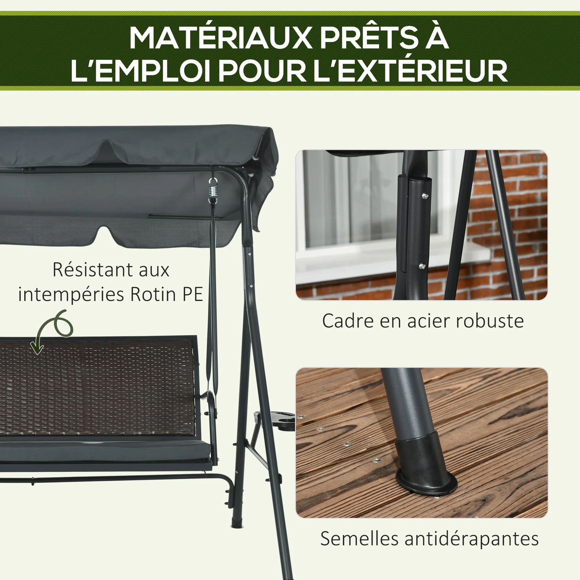 Outsunny Balancelle de Jardin 3 Places Toit Inclinaison réglable en résine tressée PE Acier Gris foncé Marron