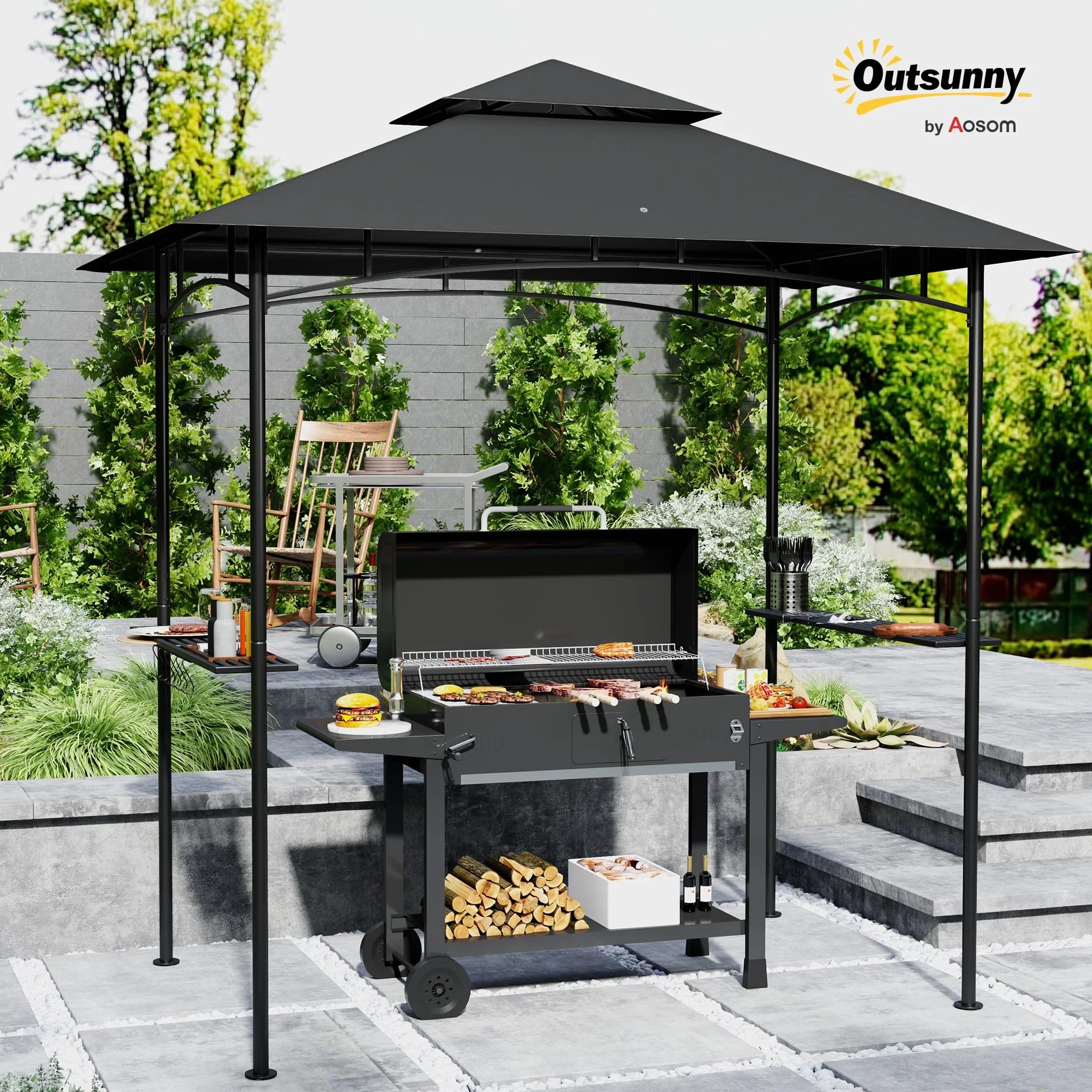Outsunny Pavillon de barbecue avec LED 240 x 150 x 258 cm hydrofuge ignifuge toit double couche étagères latérales protection UV