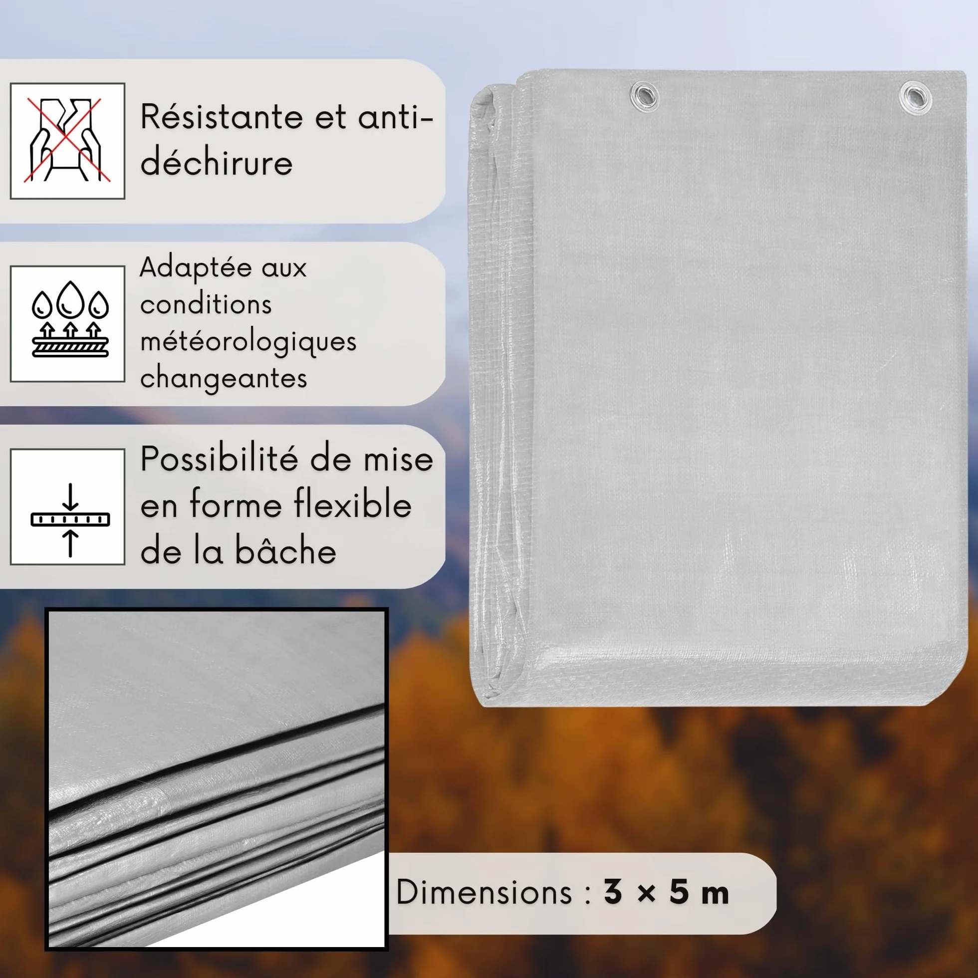 Bâche renforcée - 3 x 5 m - 260 g - Gris - Extra forte - Imperméable - Résistant aux UV - En polyéthylène - Pour jardin, construction, bois, véhicules, machines Springos