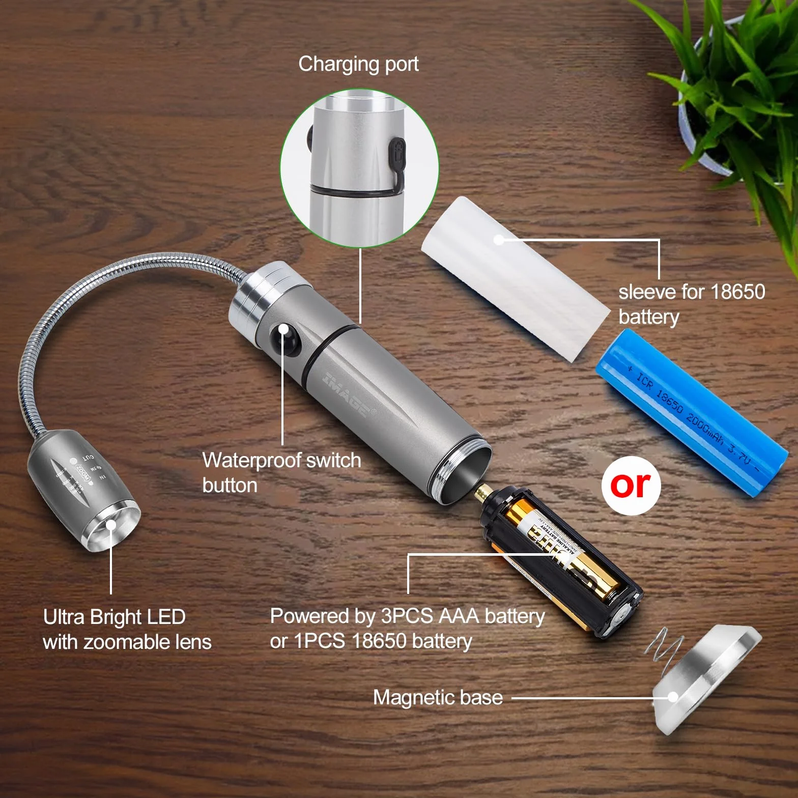 Lampe de barbecue LED rechargeable ultra lumineuse, col de cygne flexible, base magnétique
