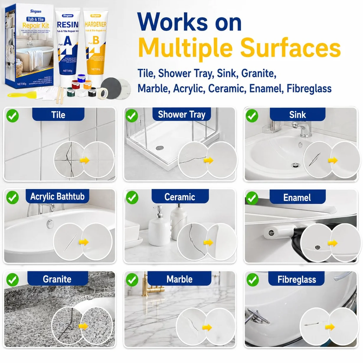 Kit Reparation Carrelage, Comble Fissures, Trous, Rayures Et Éclats Dans Les Salles De Bains Et Les Cuisines. Convient Au Marbre, À La Et Aux Surfaces Dures. Disponible En Plusieurs Couleurs.