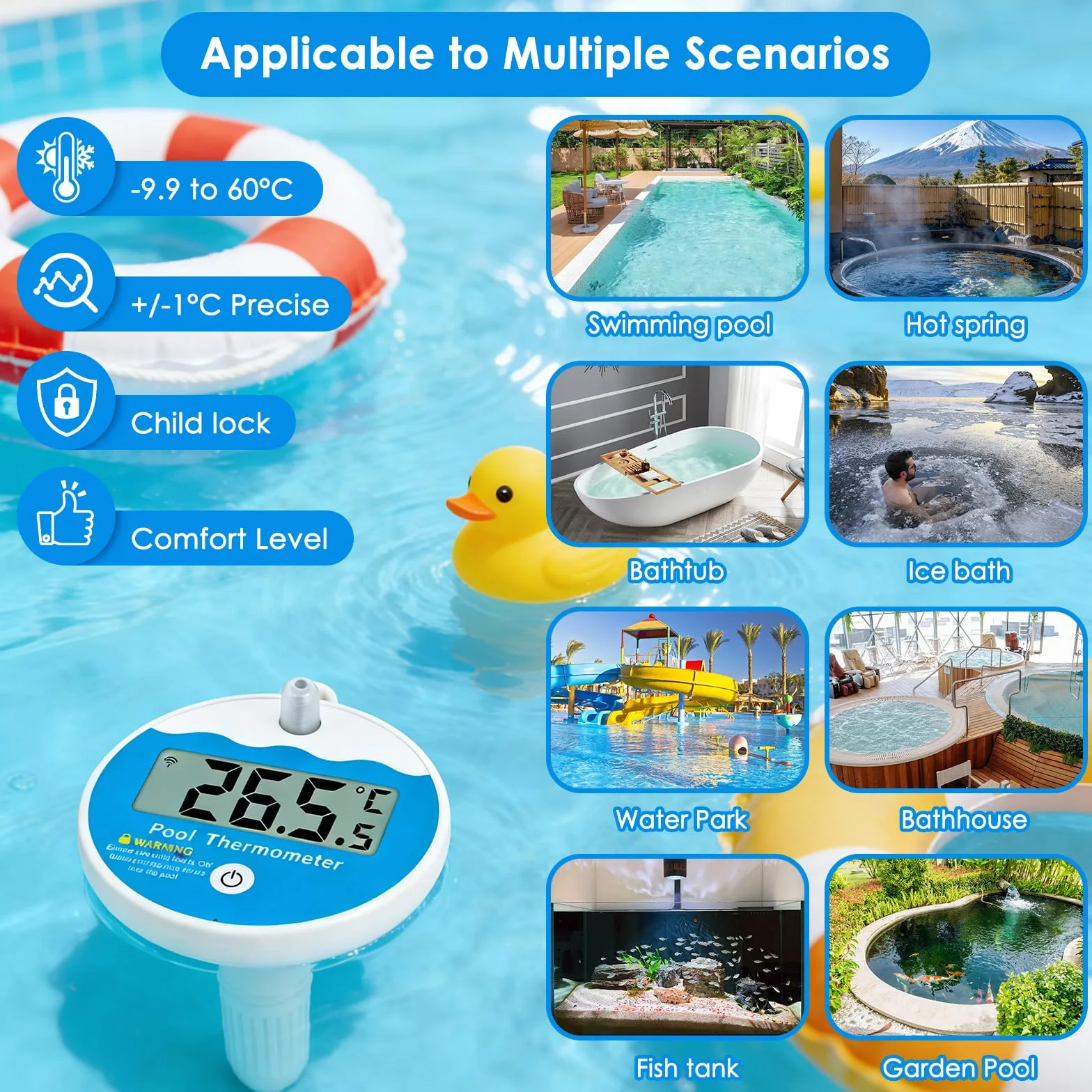 Thermomètre de piscine numérique IPX68 flottant sans fil avec affichage LCD