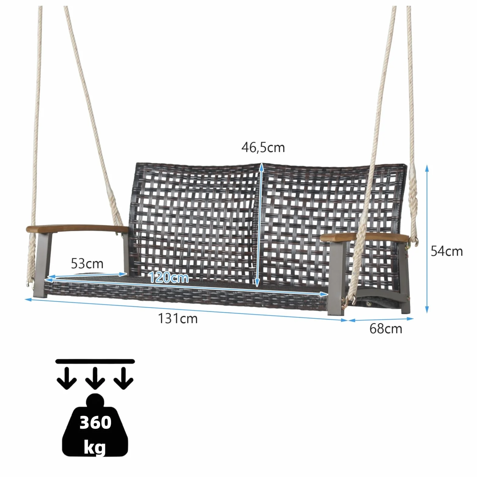 LIFEZEAL Balançoire de Jardin 2 Places Rotin PE Cordes 360 kg