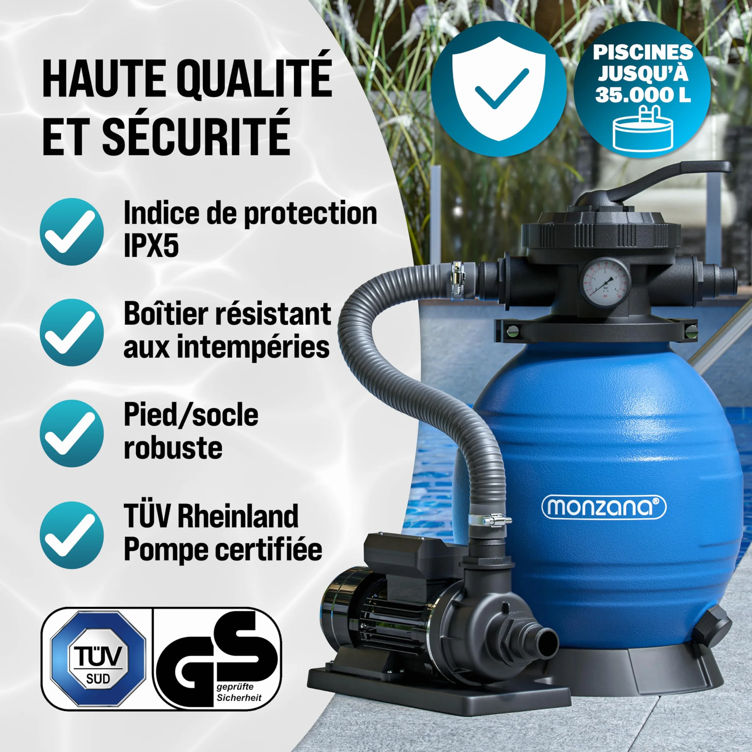 MONZANA Pompe filtre à sable 10,2 m³ auto-amorçante pour piscines jusqu'à 35 m³ certifié TÜV vanne 7 voies raccord 2en1 Ø32-38mm