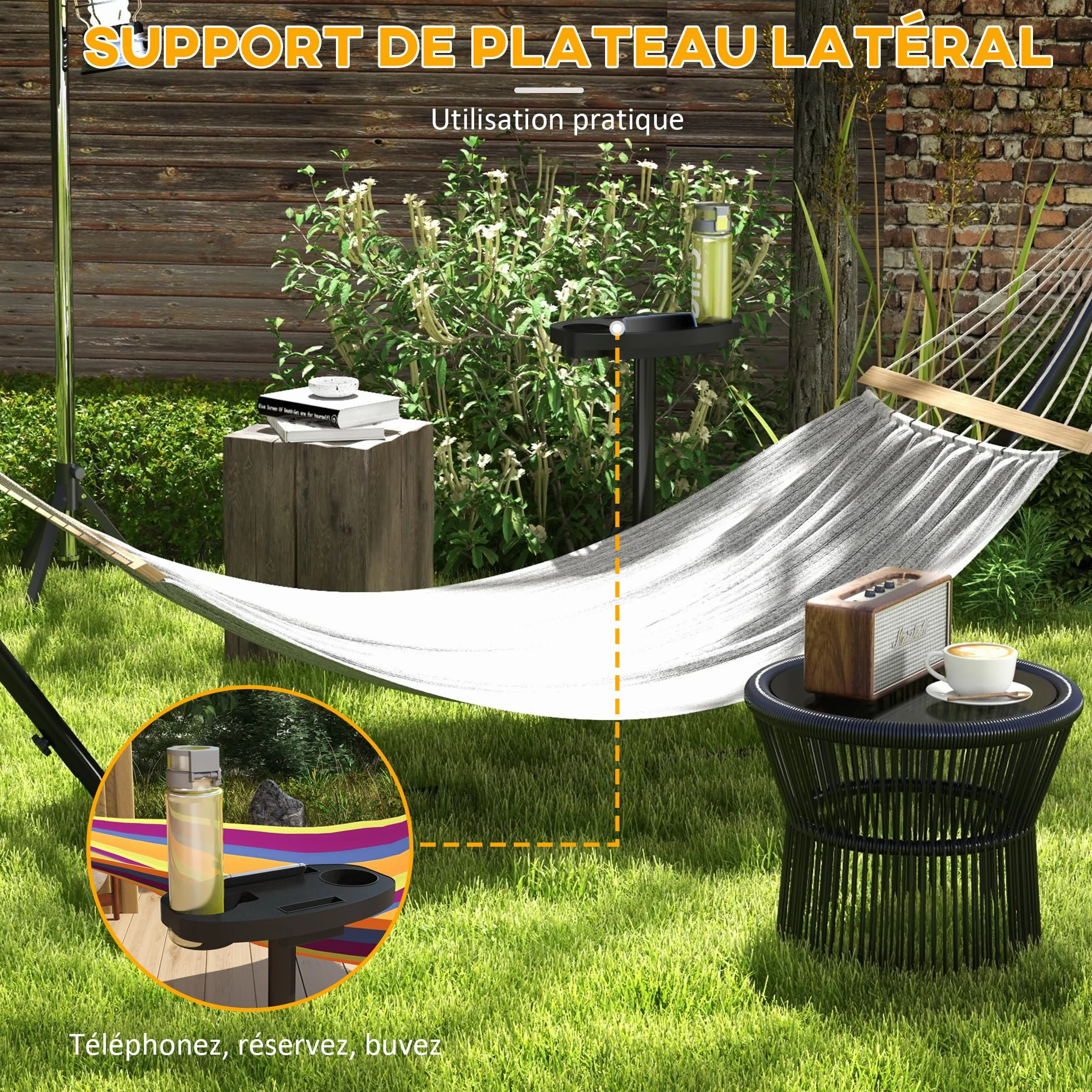 Outsunny Support Pied de hamac avec Porte-gobelet métal époxy Noir 305x129x109 cm 150kg