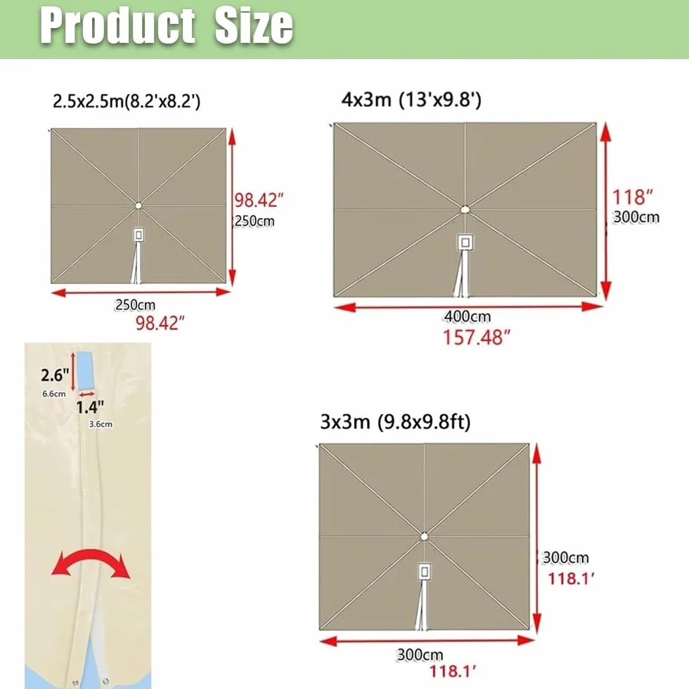 Rectangle Toile De Rechange Parasol Déporté 3x3.0m 3x4m 8 Baleines Housse Extérieur Gris 4x3.0m