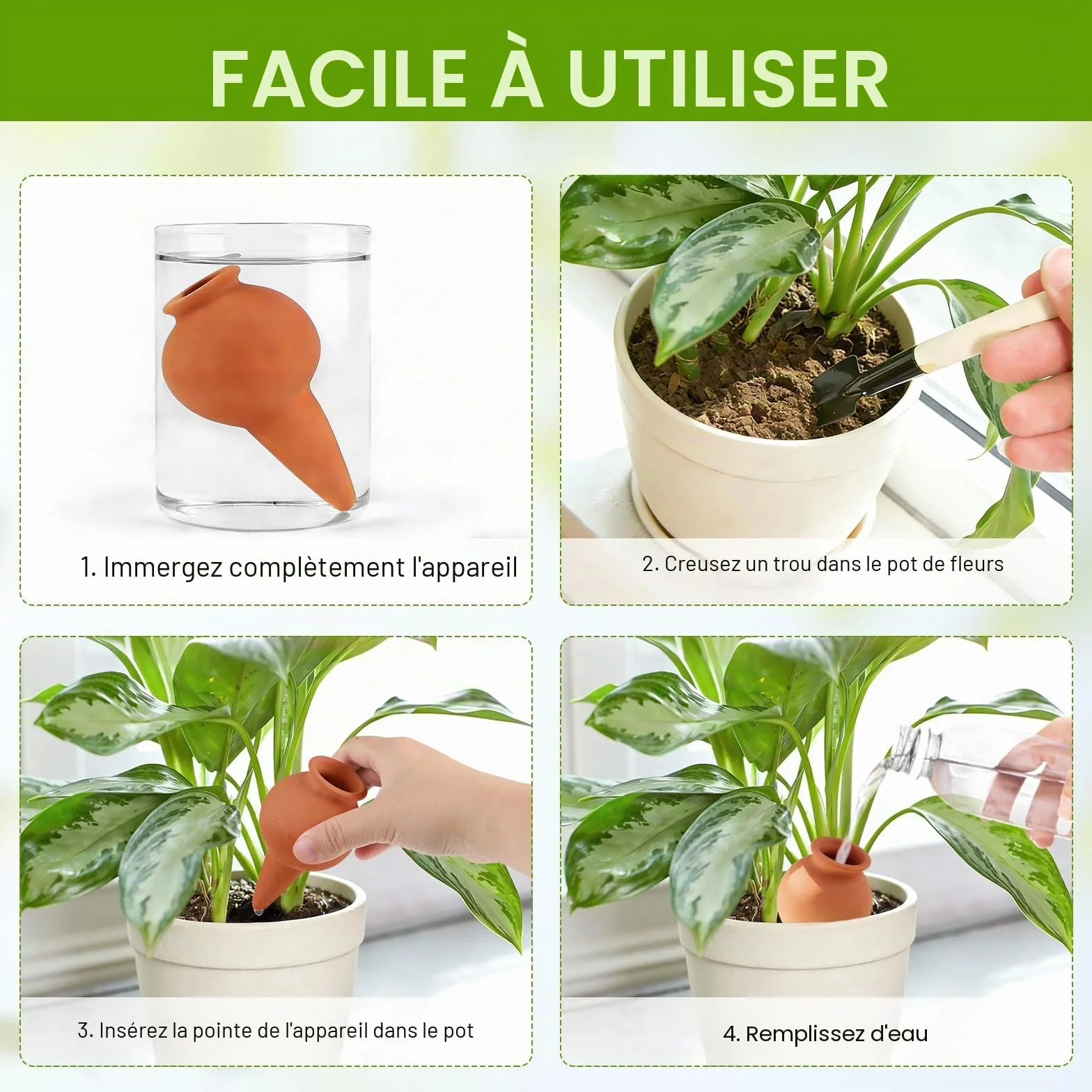 EXLECO Oyas Arrosage Automatique 4pcs Cône Argile 100ml Irrigation Plante Intérieur Extérieur