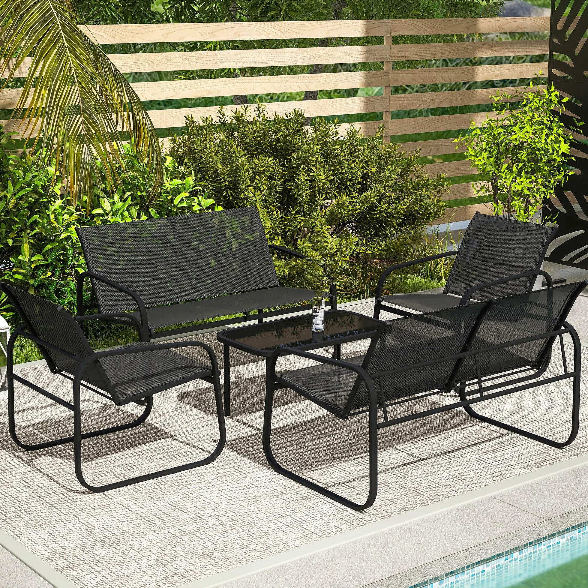 Outsunny Salon de Jardin 5 pièces Acier textilène 2 fauteuils canapés Table Basse Verre trempé Gris
