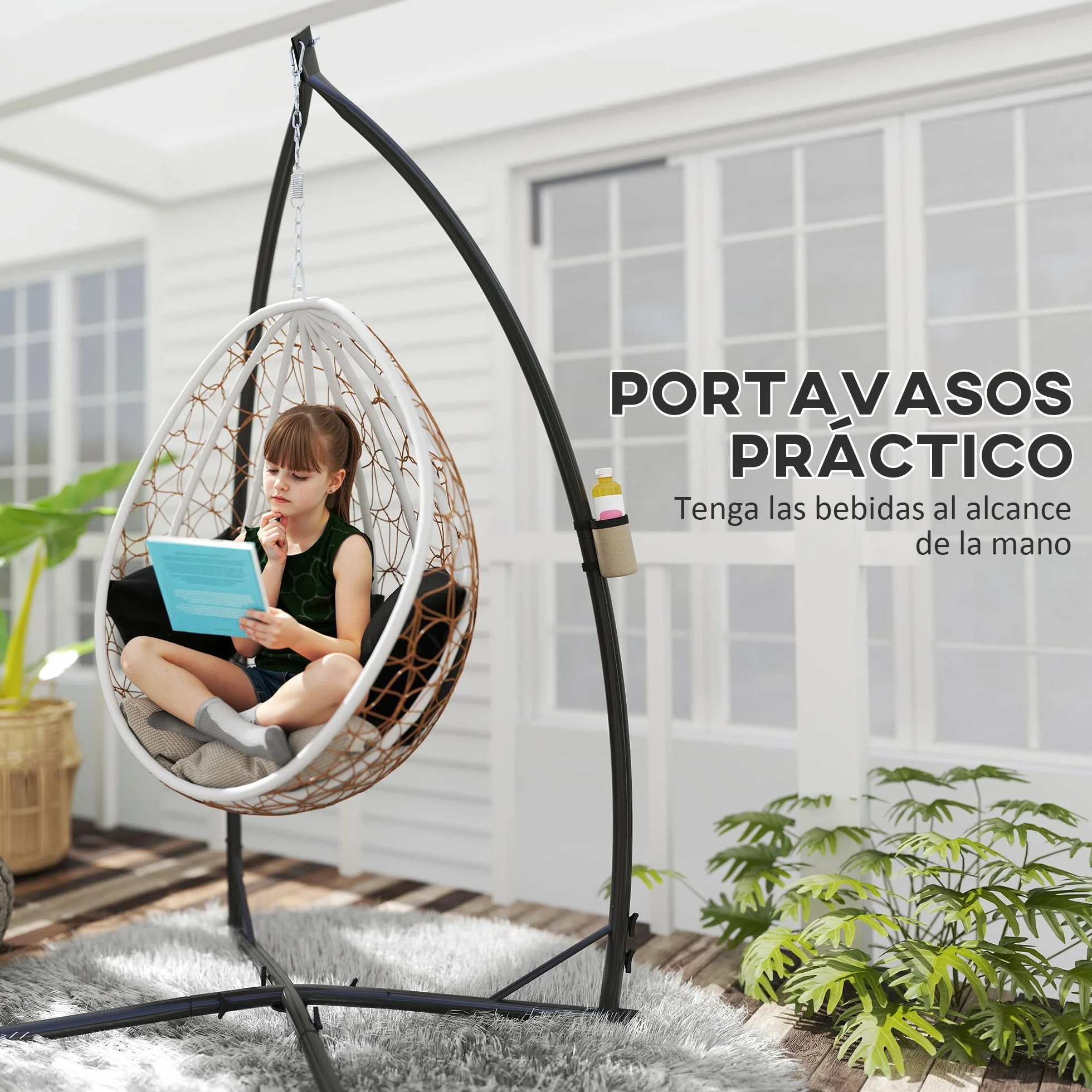 Outsunny Support pour chaise suspendue œufs 215 cm acier Base stable porte-gobelet Balançoire patio jardin balcon charge 150 kg noir