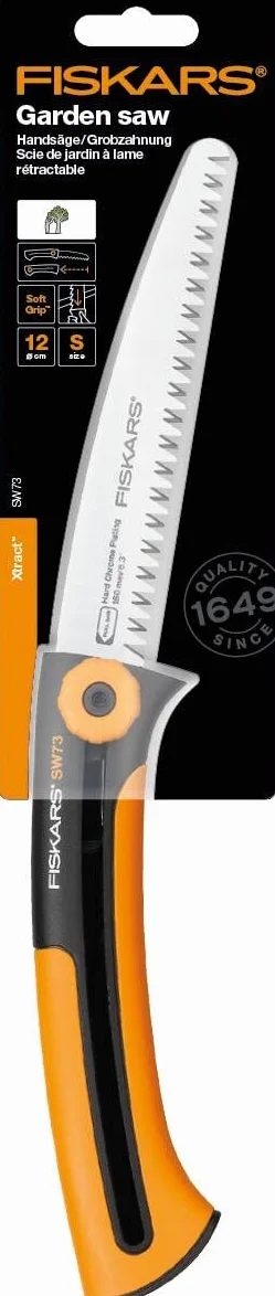 Fiskars Scie à élaguer pour Bois Vert, Lame Rétractable, Grandes dents, Coupe tirante, Longueur de Lame: 16 cm, Lame en Acier Inoxydable, Noir/Orange, Xtract, SW73, 1000613