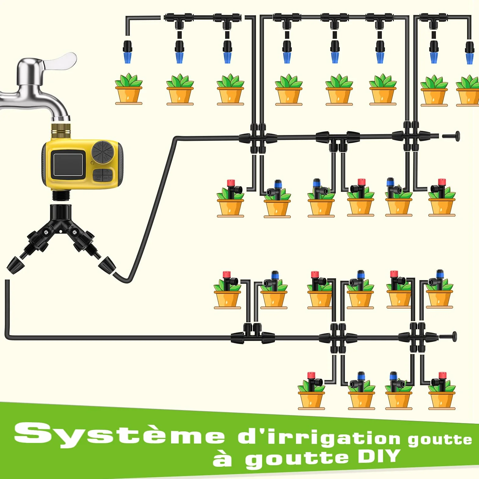 Système d'irrigation Jardin Kit Goutte à Goutte avec Programmateur Arrosage Automatique Tuyau 50m 80Pcs