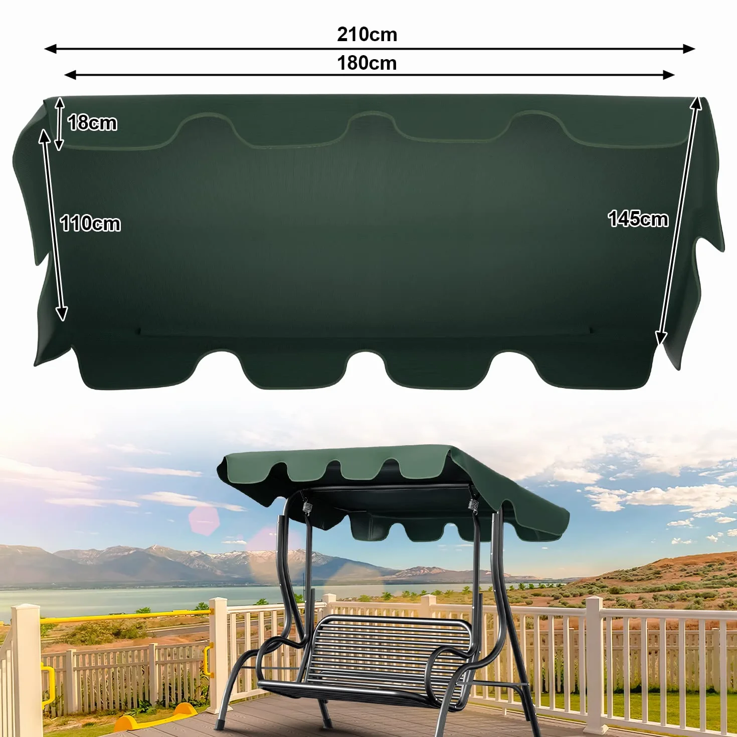 Herrselsam Housse de toit de rechange universelle pour balancelle 3 places 210 x 145 cm Vert Protection UV