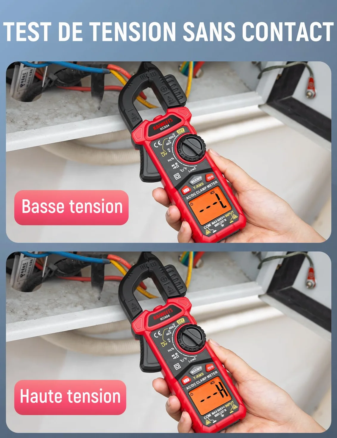 KAIWEETS Pince Ampèremètre AC/DC, Pince Multimètre Mesurer la Tension AC/DC/Courant/Température/Continuité/Diode/NCV, Pince Ampèremétrique avec Lampe de Poche, Rétro-éclairage, Mâchoire-D, KC604