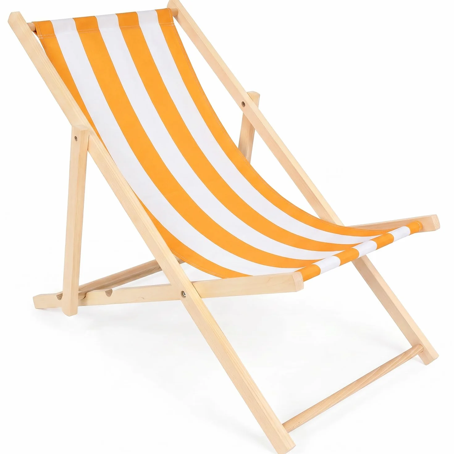 Chaise Longue Transat Jardin Pliable Bois Hêtre Réglable 3 Positions 120 kg Blanc & Orange