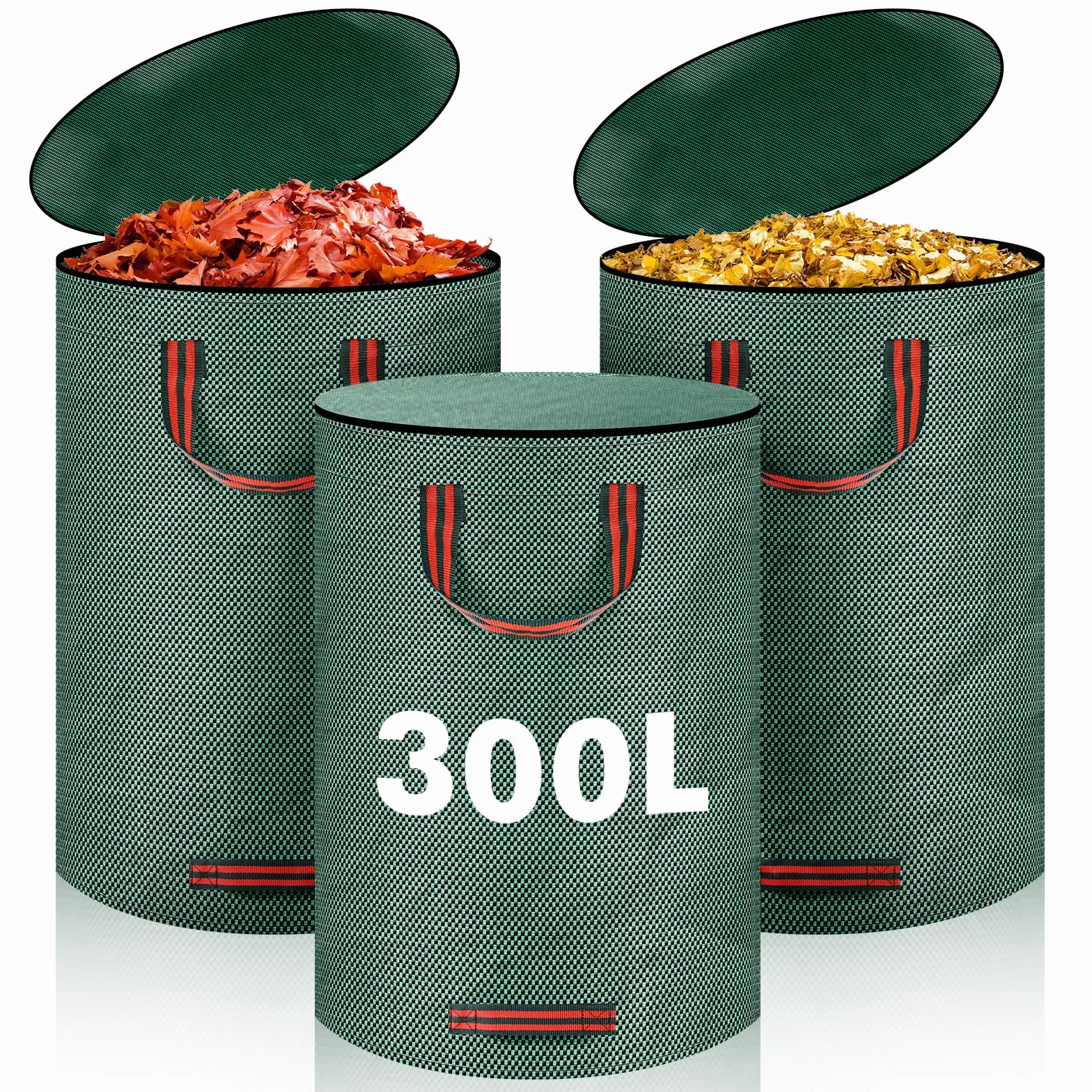 Sac Jardin 300L Vert avec Couvercle 4 Poignées Résistant Pliable Réutilisable Déchets Feuilles Débris