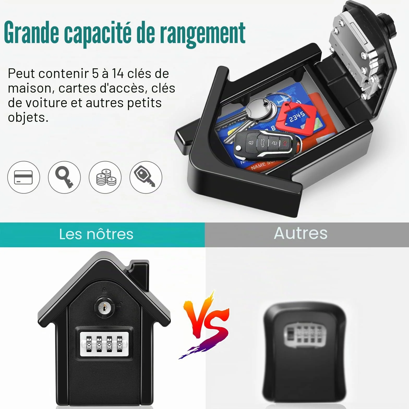 Coffre à Clé Mural Sécurisé Grand Format XL avec Code Numérique & Clés d'Urgence pour Extérieur Noir