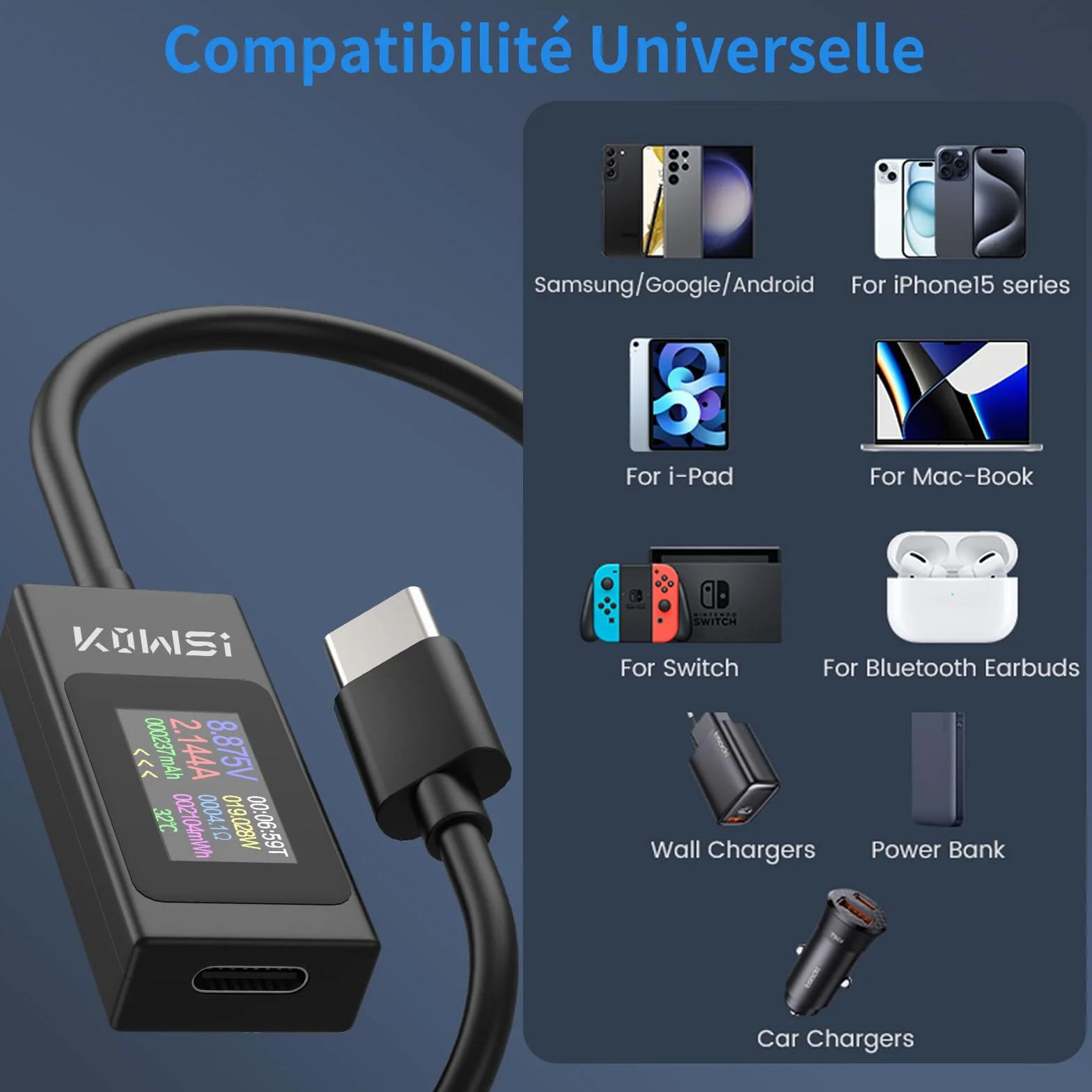 Testeur USB C Meter de Tension, 4-30V 0-6.5A, Type C Tester Electrique Compteur de Courant Multimètre Numérique Voltmètre Ampèremètre Capacité Alimentation Chargeur Détecteur