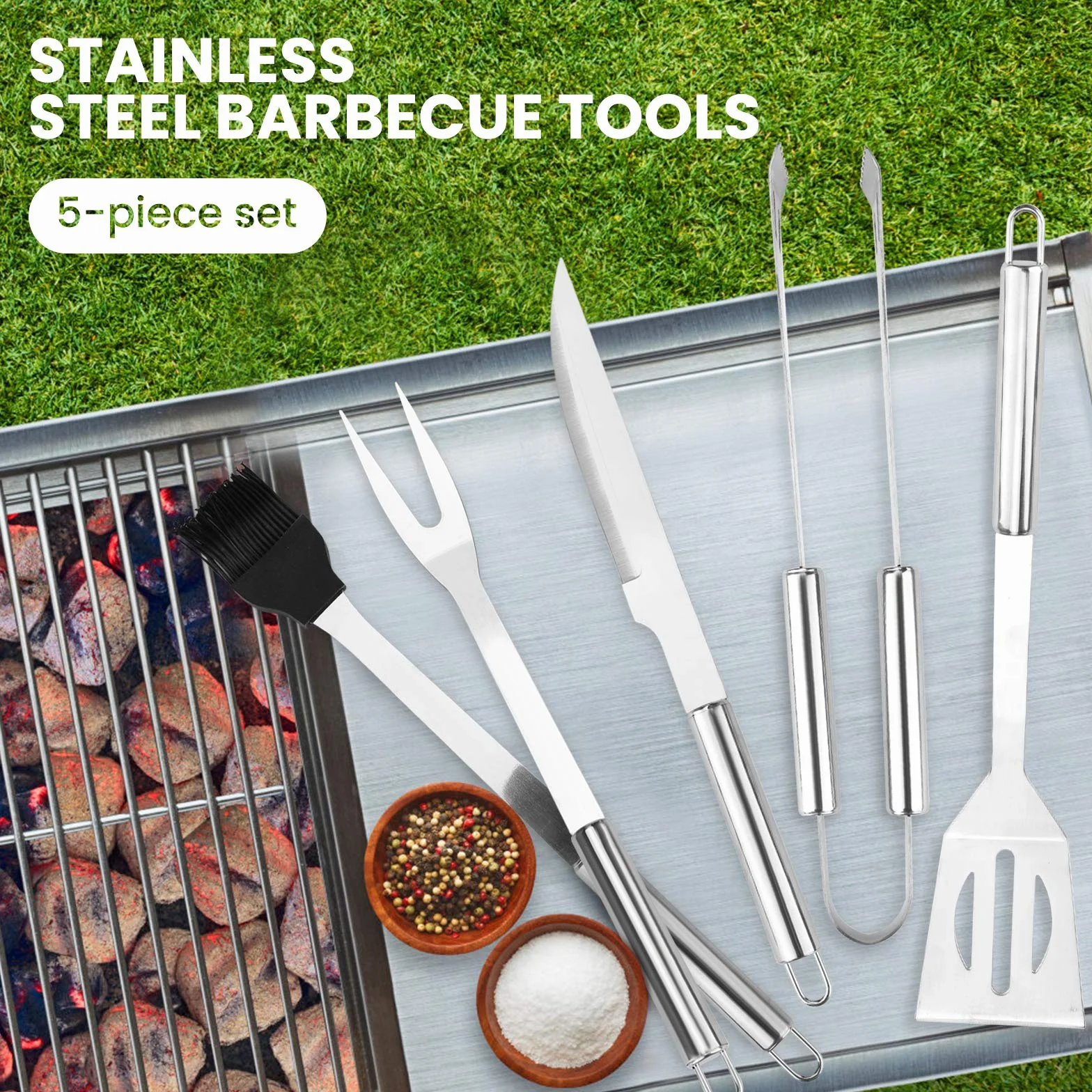 Kit Barbecue en Acier Inoxydable 5 Pièces Ustensiles pour Grillades