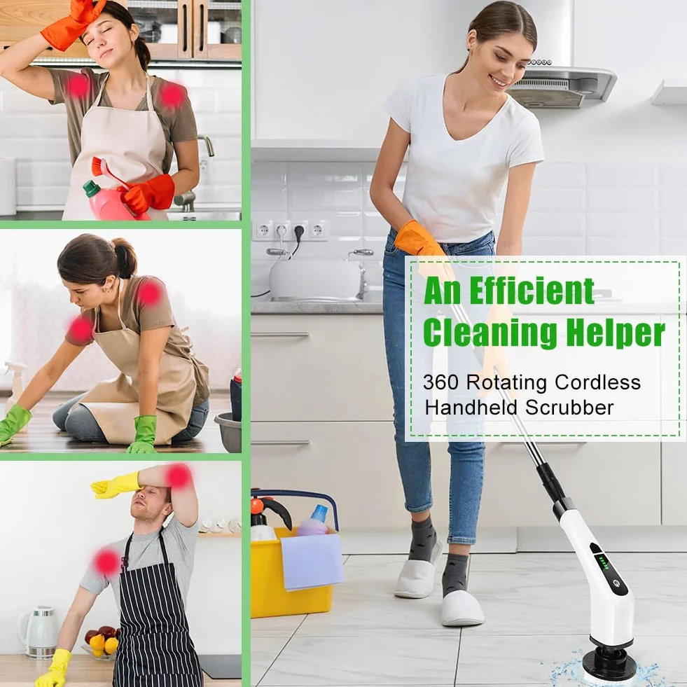 OSDUE Electrique Nettoyage Rotative, Brosse de Nettoyage Electrique, sans Fil avec 7 Têtes Brosse, Remplaçables Poignée d'extension Réglable, pour Salle Bain Cuisine Electric Spin Scrubber