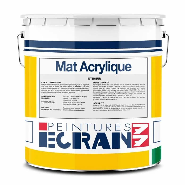 Peinture professionnelle mat, mur et plafond, intérieur, peinture opacifiante, sans odeur, Mat Acrylique ECRAN 77 4 litres