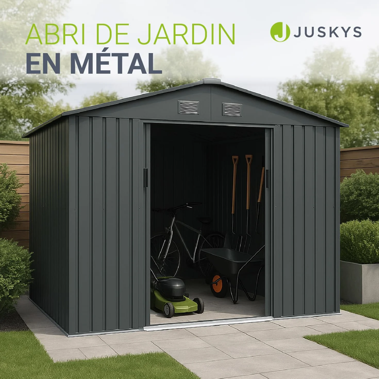 Juskys abri métallique XL gris foncé résistant aux intempéries avec cadre de fondation porte coulissante verrouillable