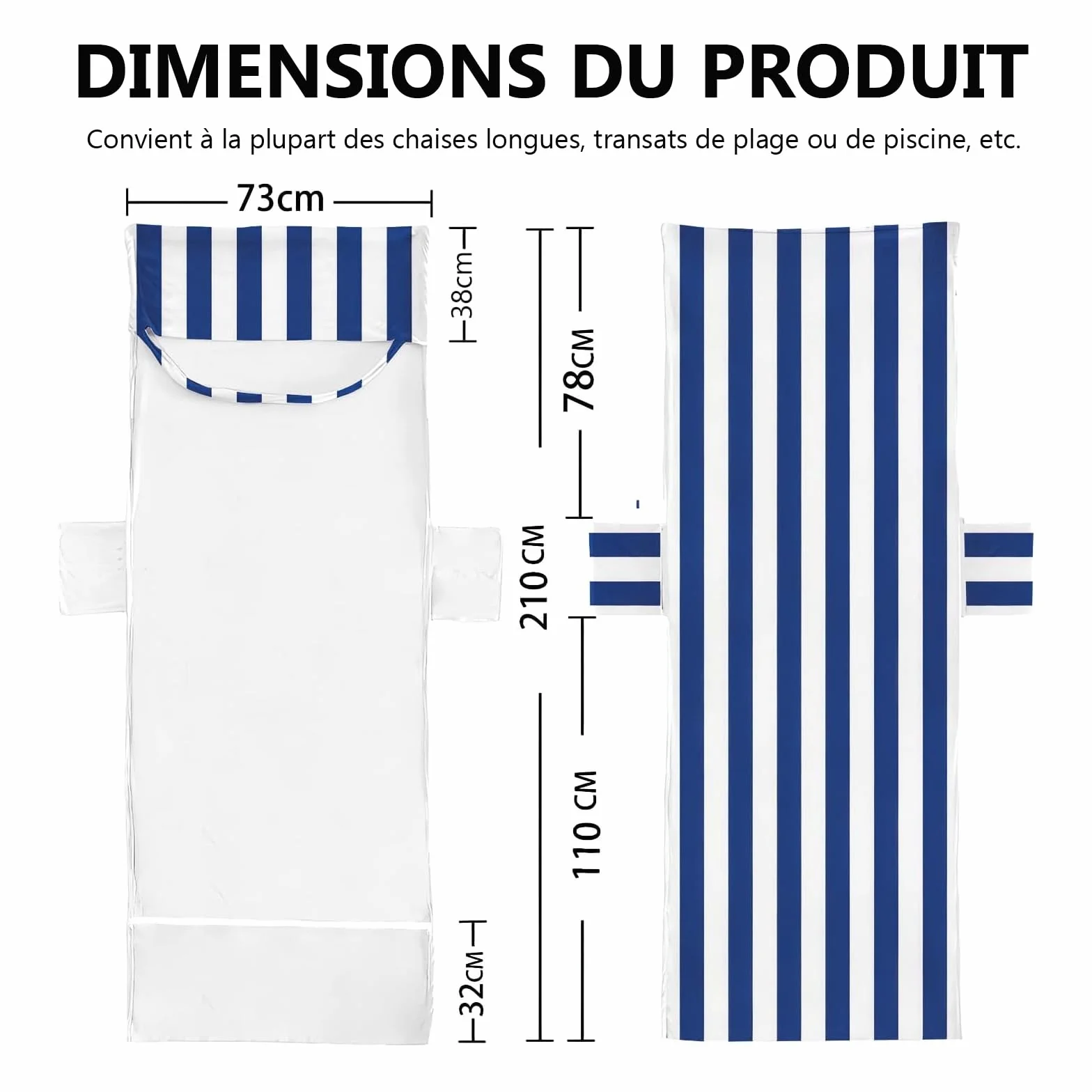 Housses de Chaise de Plage en Microfibre 210 x 73 cm, Serviettes de Transat avec Poches Latérales, Rayées Bleu et Blanc