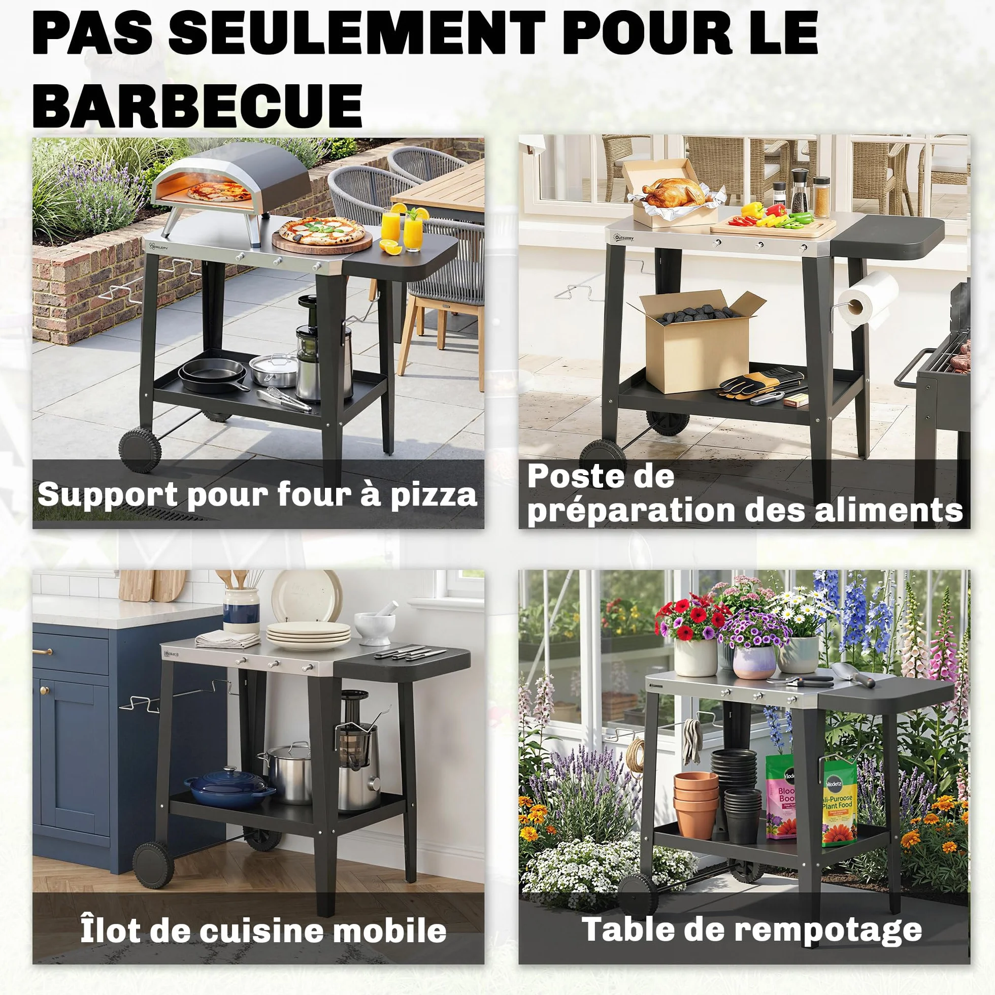 Outsunny Chariot de Barbecue 2 Niveaux Mobile Acier Inoxydable Table Latérale Pliable Roulettes 115x67,5x80,5 cm Noir