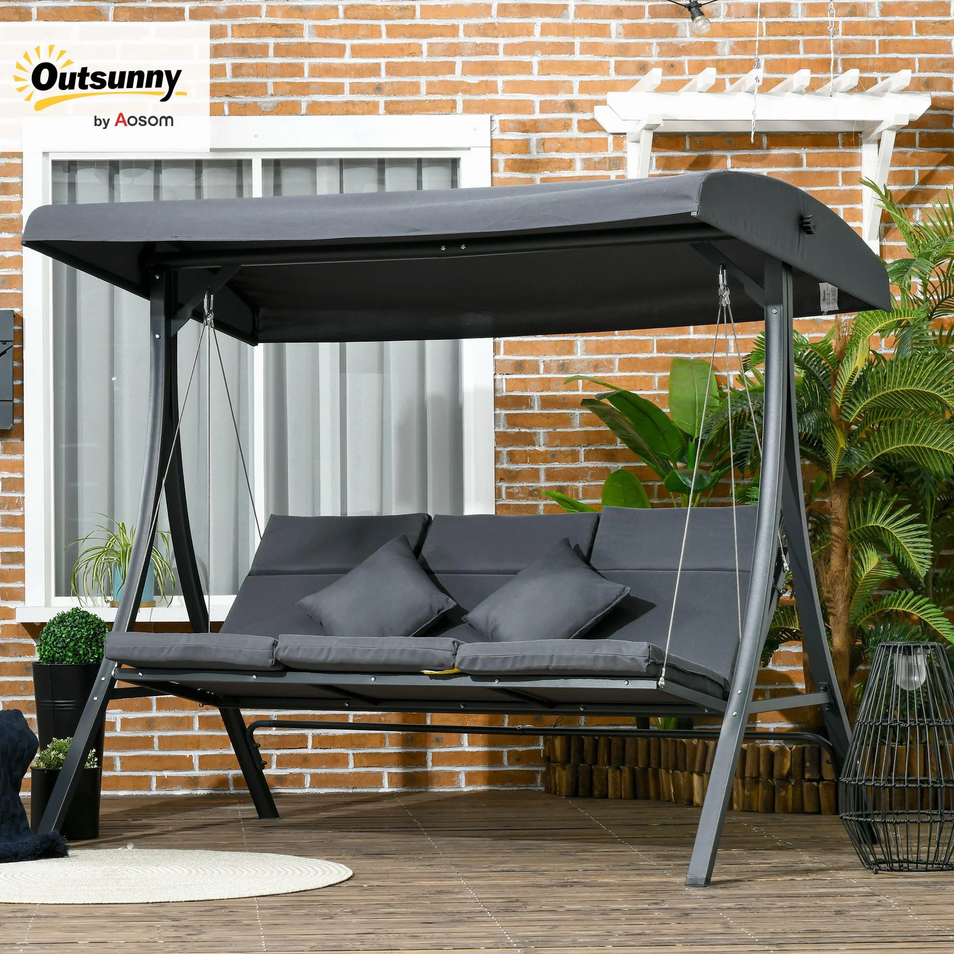 Outsunny Balancelle de Jardin 3 Places Grand Confort Acier Polyester 202x115x168 cm Gris foncé