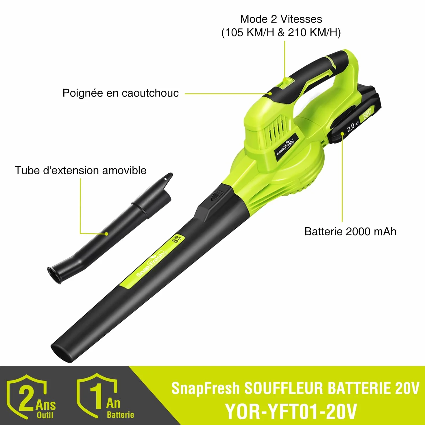 SnapFresh Souffleur Batterie 20V Léger 1,2 kg - Souffleur de Feuilles sans Fil 210 km/h 240m³/h, 2 Vitesses, avec Batterie et Chargeur