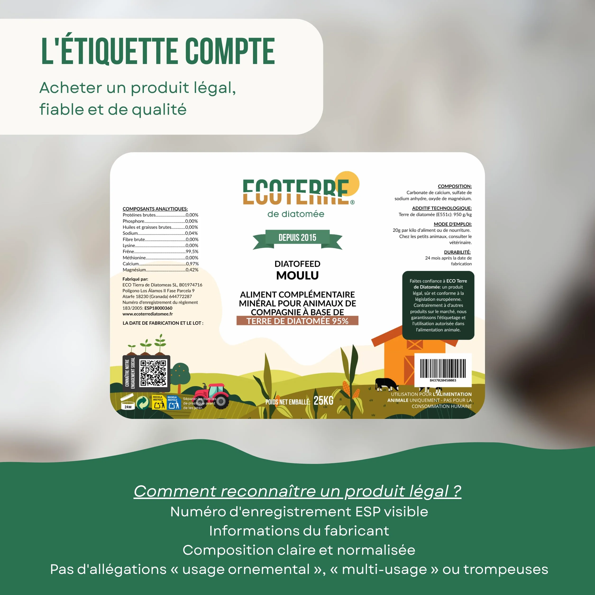ECO Terre de Diatomée 25kg – Supplément minéral Non calcinée pour l'alimentation Animale