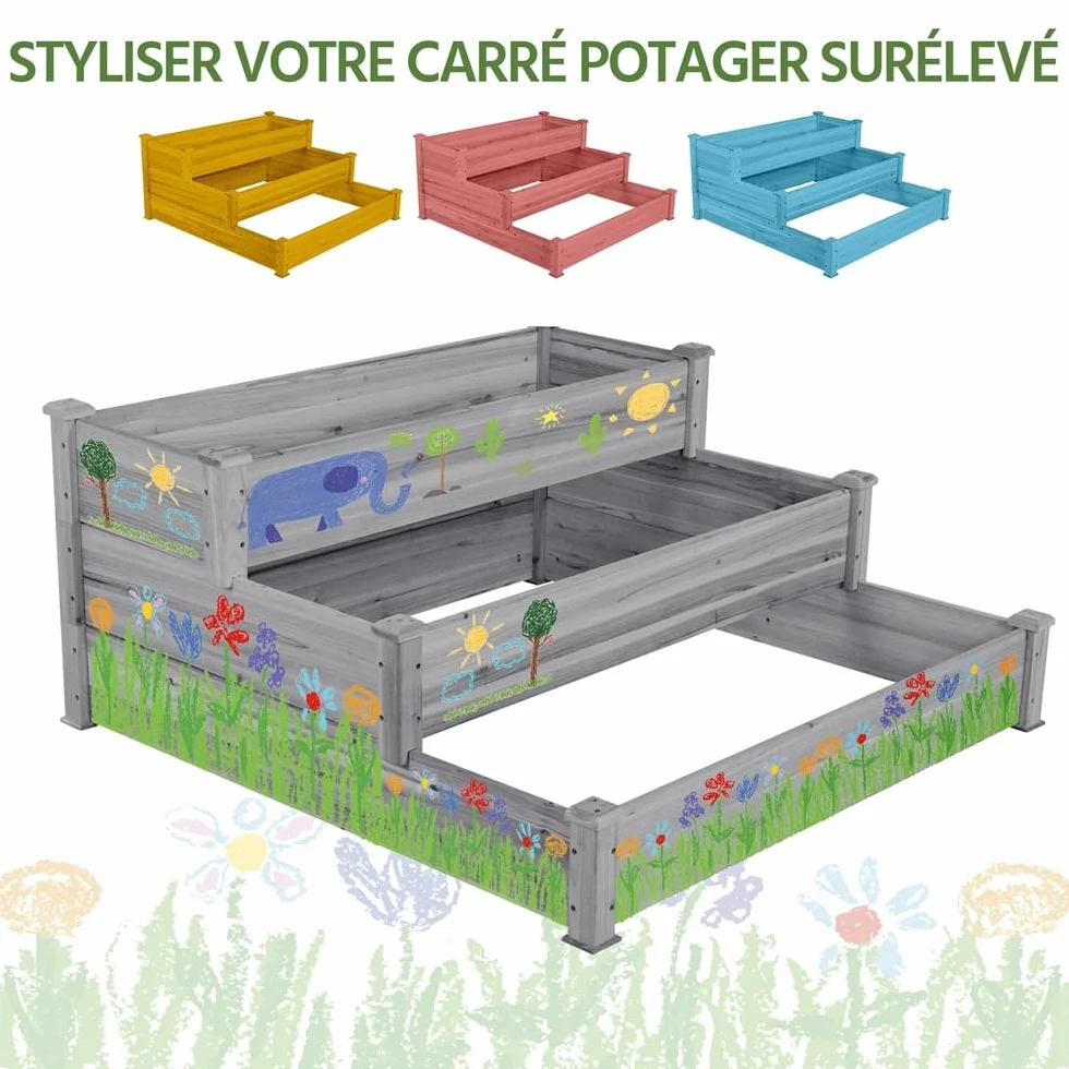 Yaheetech Carré à Plantes en Bois 120 x 120 x 56 cm Potager Surélevé 3 Étages