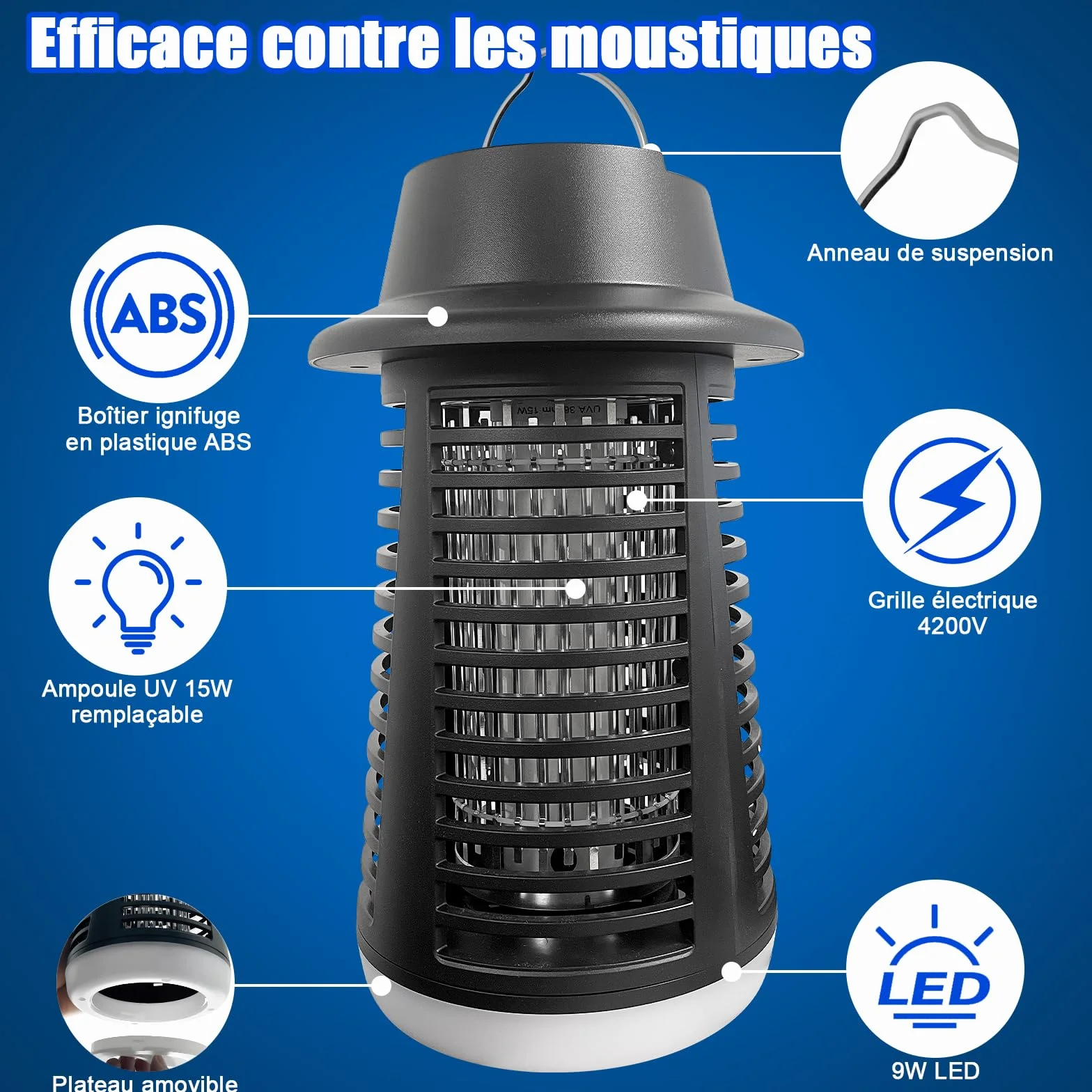 Lampe Anti Moustique LED 4200V 15W UV Tue Mouche Electrique Piège Intérieur Extérieur