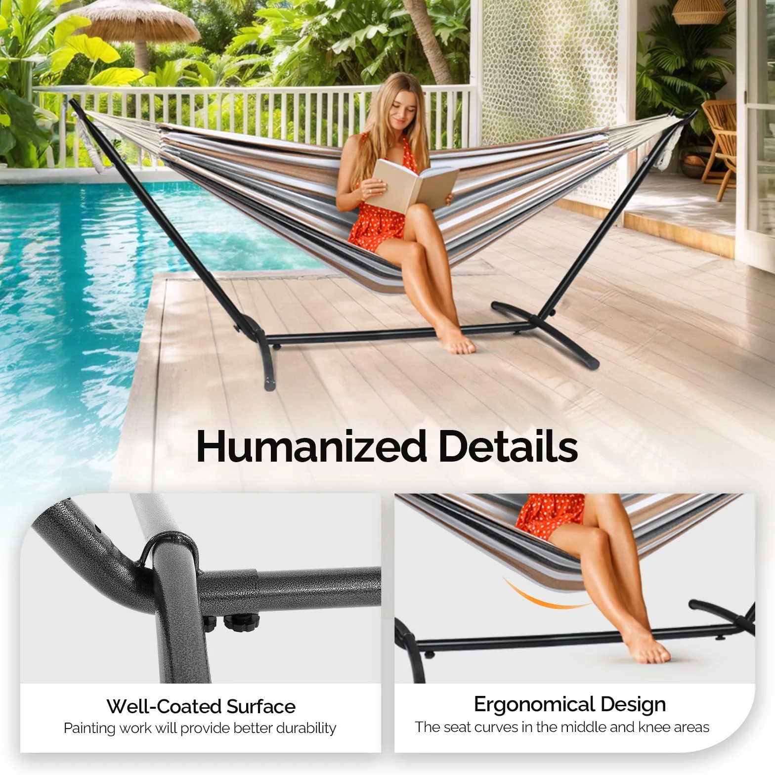 Bonnlo Hamac sur Pied Pliable avec Support Acier 150 kg Jardin Terrasse Balcon Marron 300x120x100 cm
