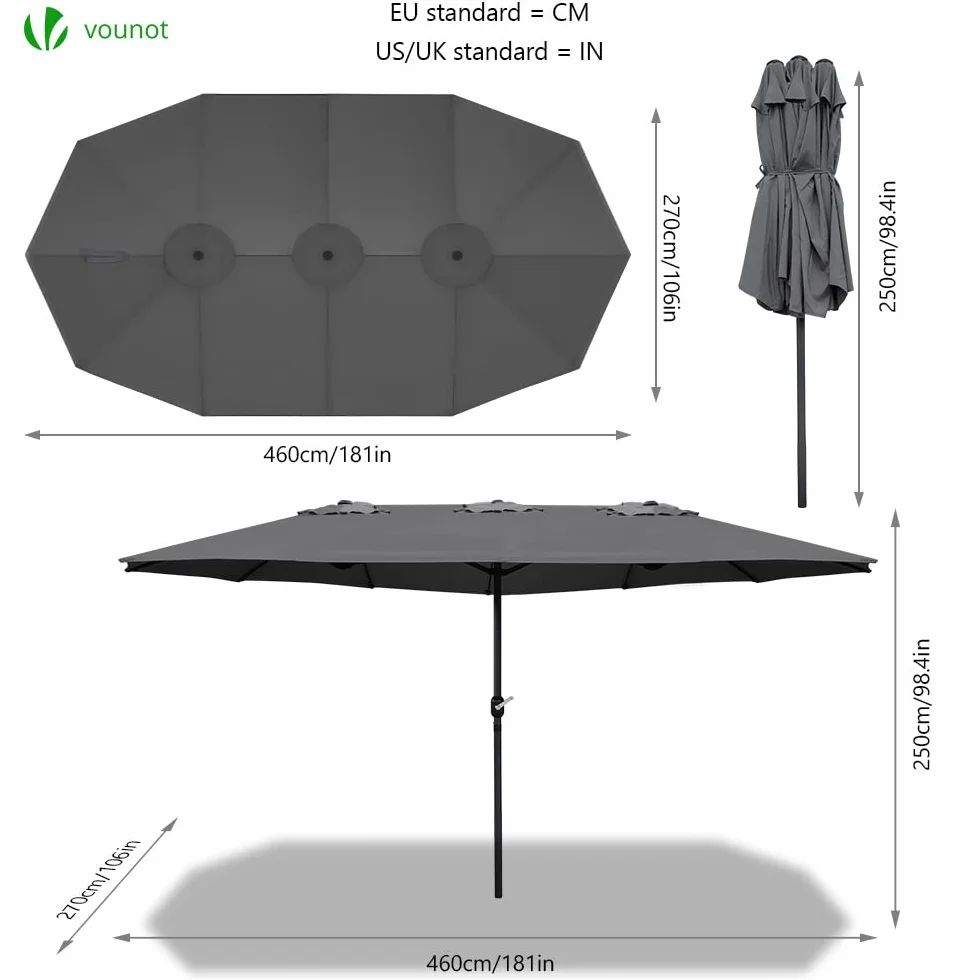 Parasol de Jardin Double Aluminium 270 x 460cm Manivelle Toile 180 GR/m2 Protection Solaire Gris