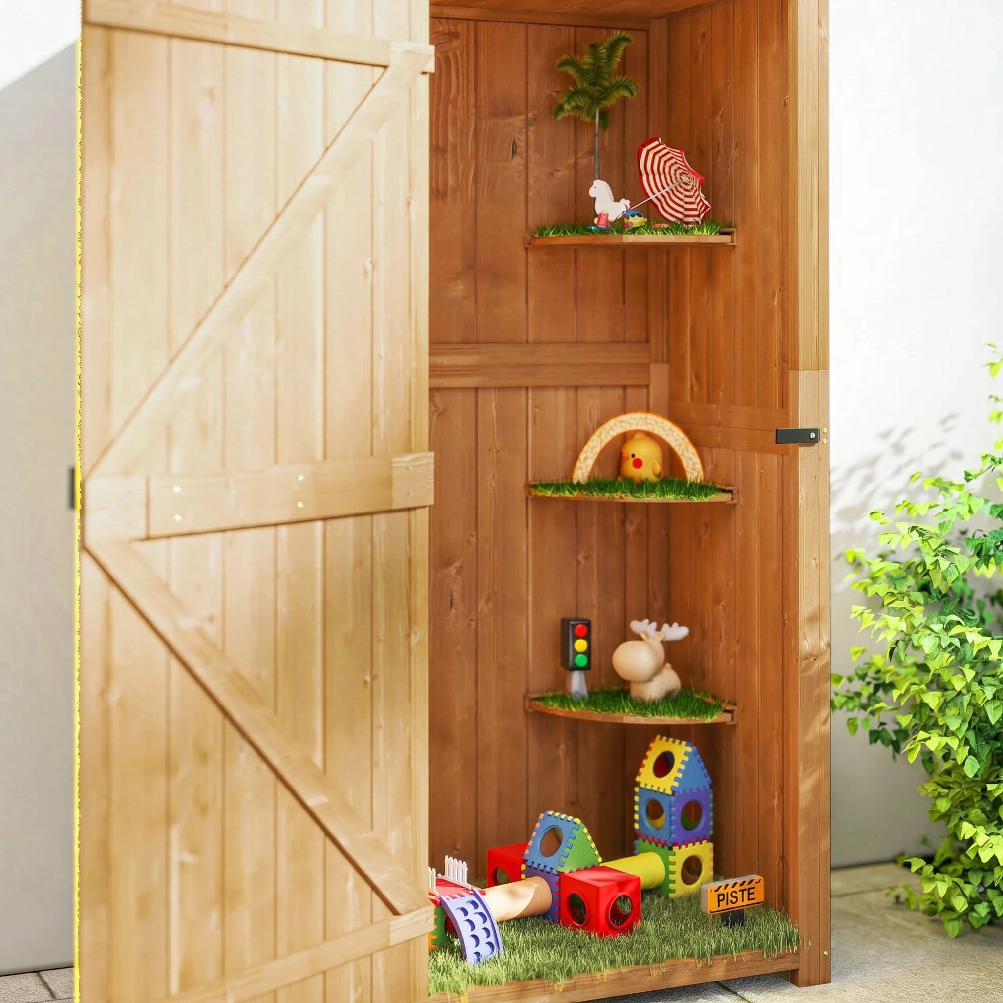 Outsunny Armoire de Jardin Bois 3 étagères 2 Portes 77x54x179 cm Jaune