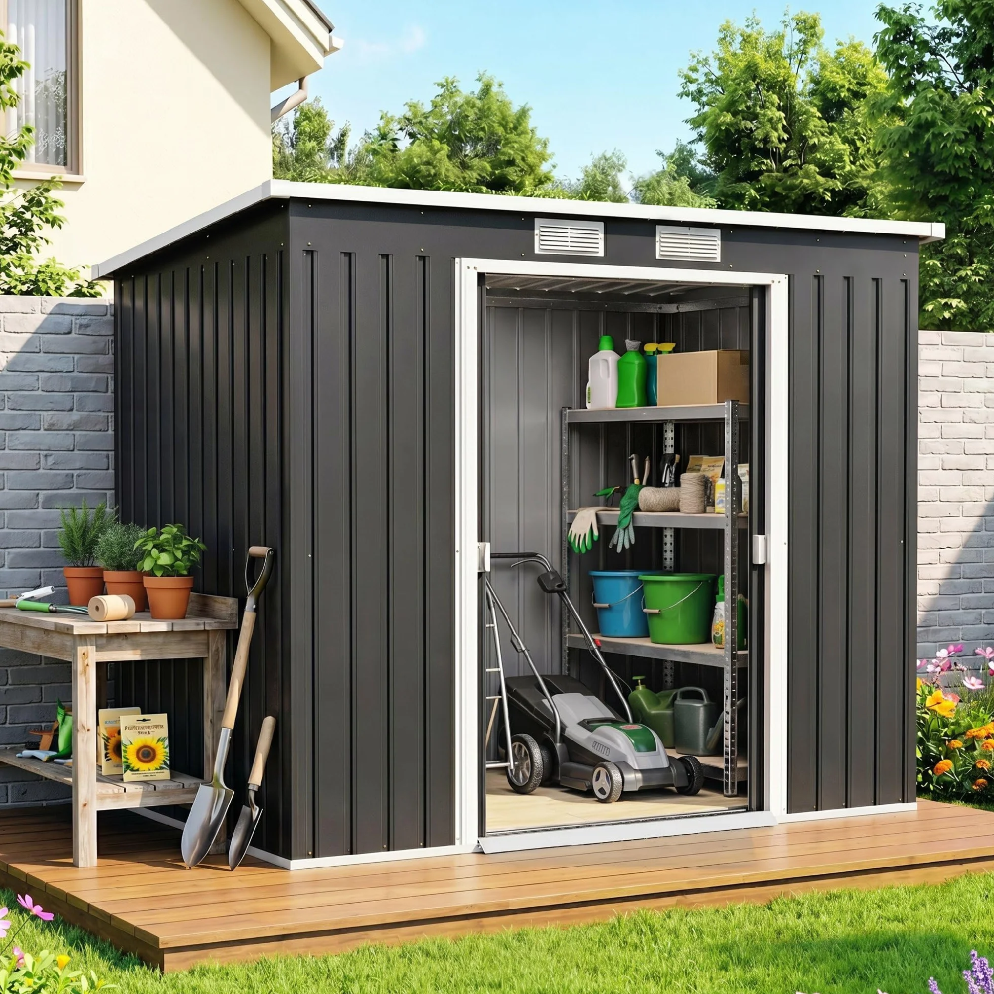 Outsunny Abri de Jardin Acier galvanisé 2,77 m² 213x130x172 cm Portes coulissantes verrouillables Gris foncé