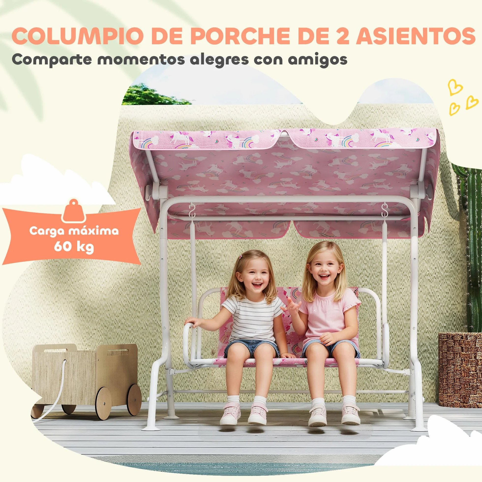 Balancelle de jardin pour enfants 2 places avec auvent réglable et ceintures de sécurité, motif licorne et arc-en-ciel, 112 x 75 x 120 cm, rose