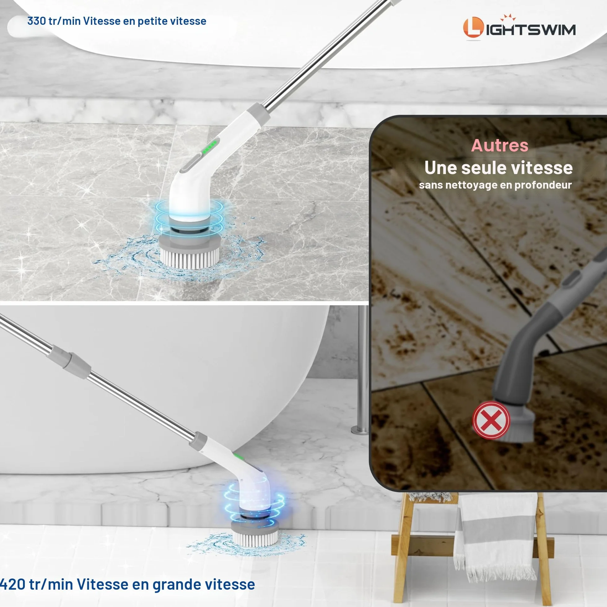 Épurateur électrique, Brosse de Nettoyage électrique 7 en 1, Nettoyage Puissant 420 TR/Min, épurateur de Salle de Bain 1,5 h Double Vitesse avec Bras d'extension pour Cuisine, Voiture, carrelage, Mur