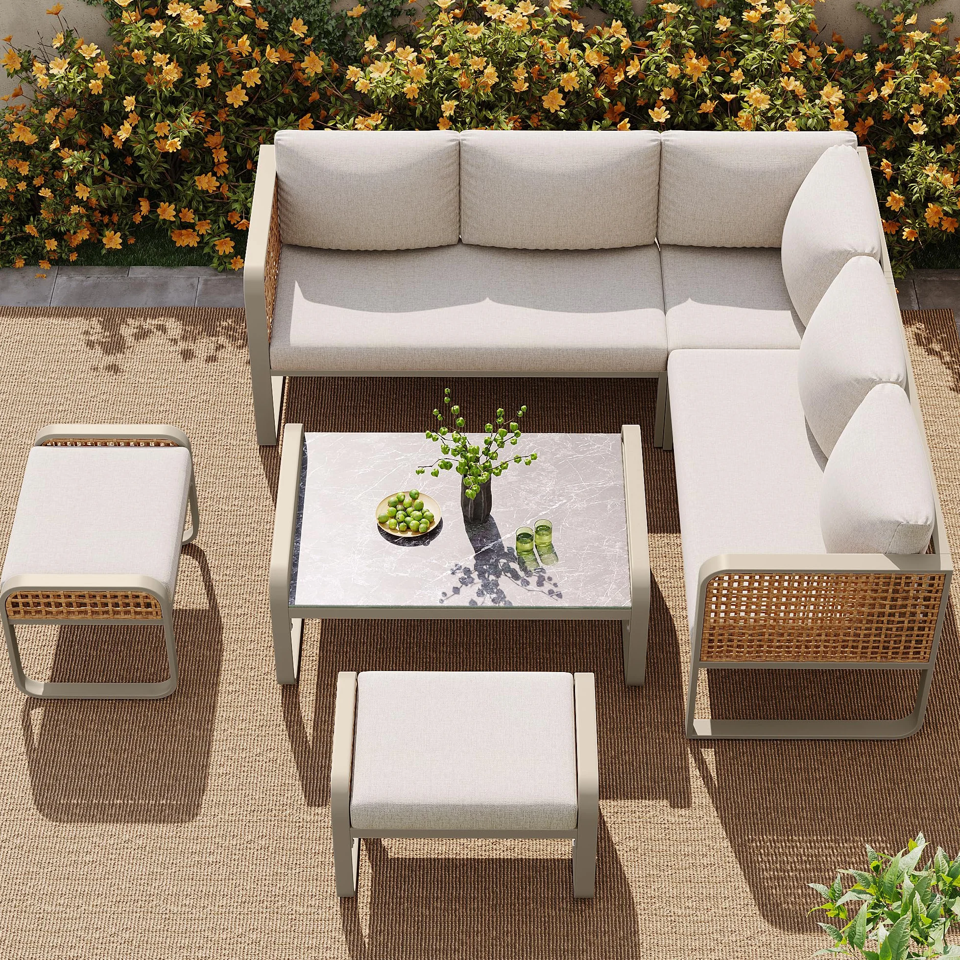 Ensemble Salon de Jardin 6 Pièces Canapé d’Angle Rotin Pieds Réglables Mobilier d’Extérieur Beige