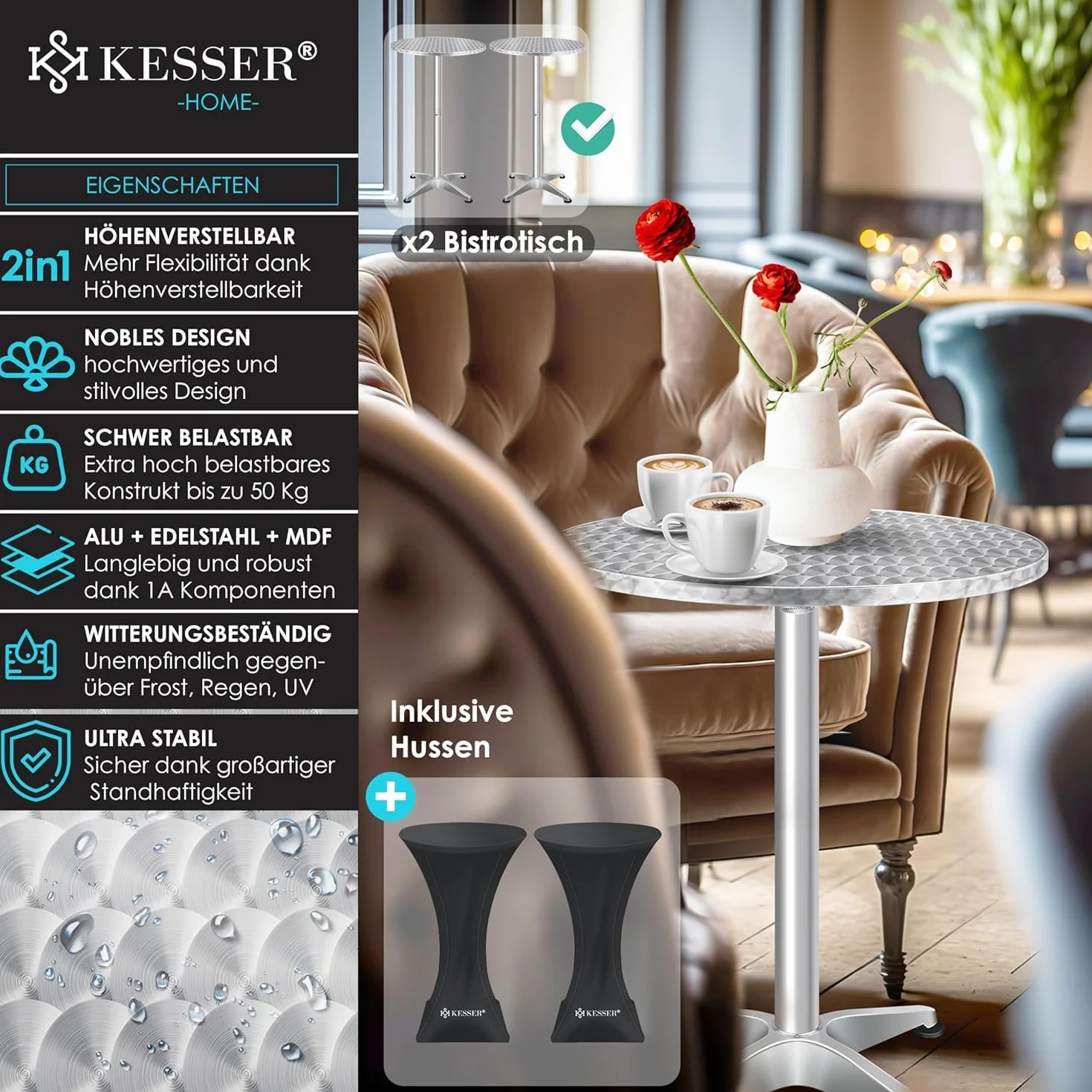 KESSER Table de bistrot 2 en 1 aluminium acier inoxydable hauteur réglable 70/115 cm ronde intérieur extérieur housse incluse argenté